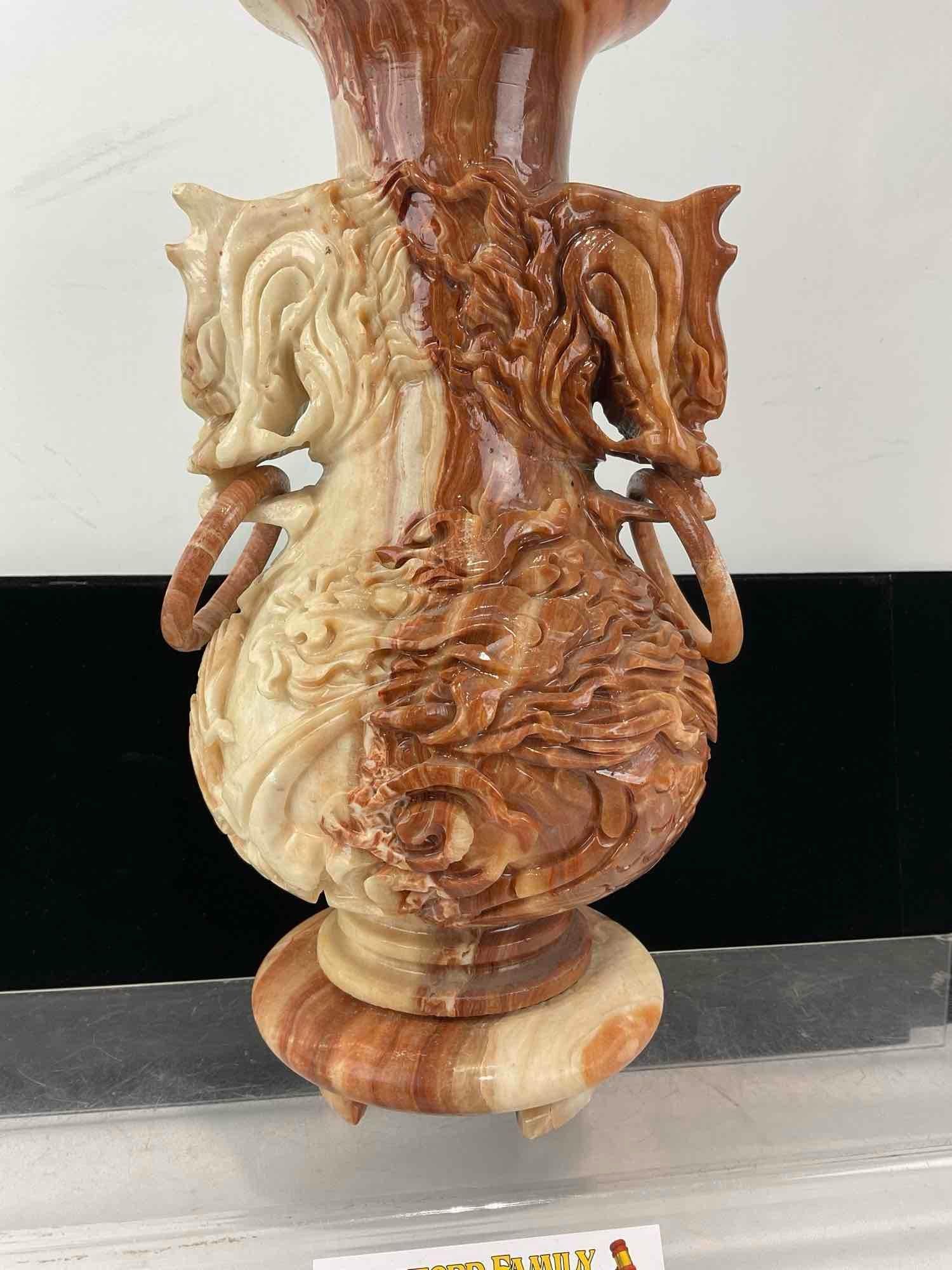 Handcarved Rojo Coralito Marble Dragon Vase, Intricate design, w/small stand, 12 inches tall - 3