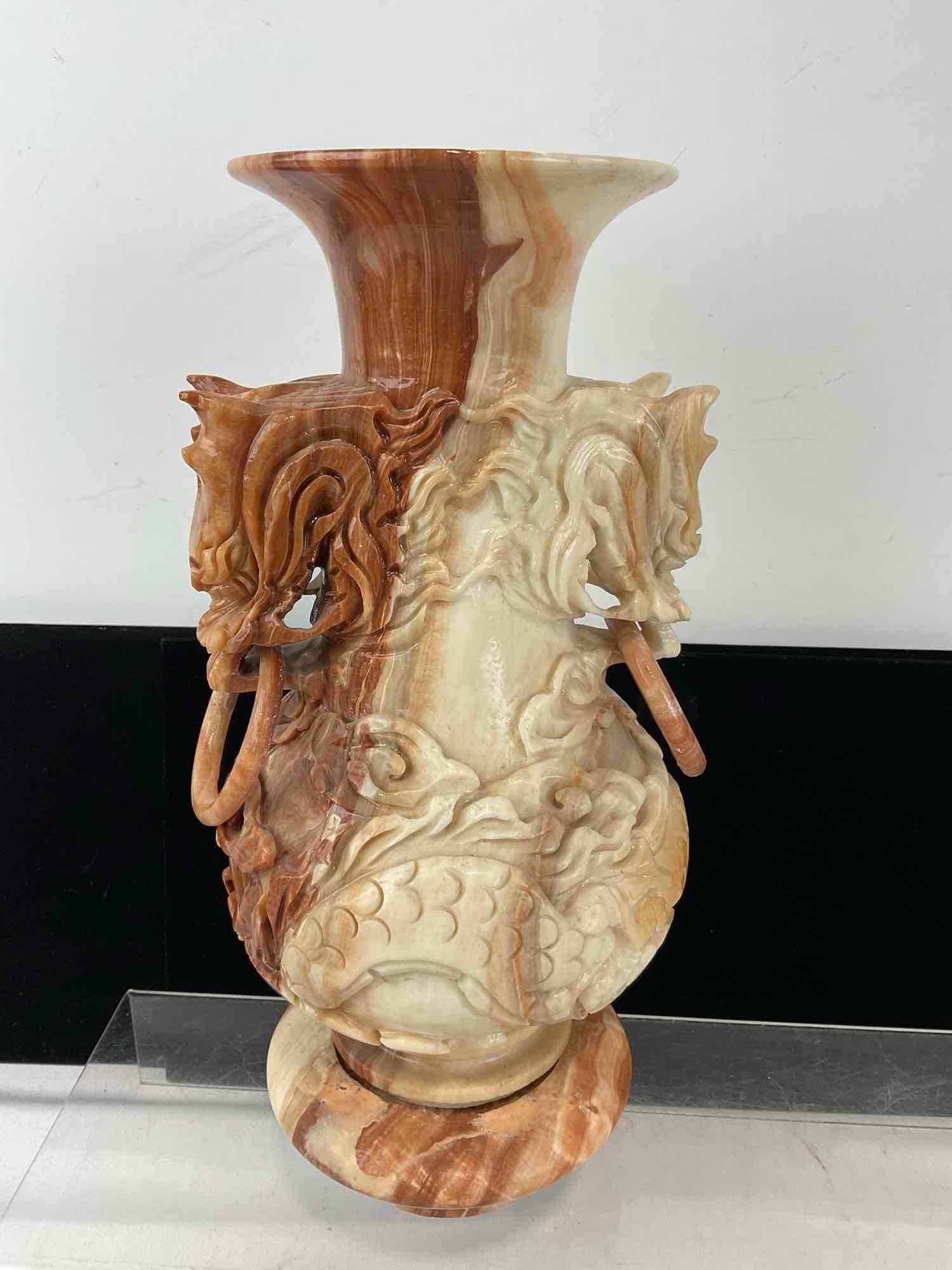Handcarved Rojo Coralito Marble Dragon Vase, Intricate design, w/small stand, 12 inches tall - 4