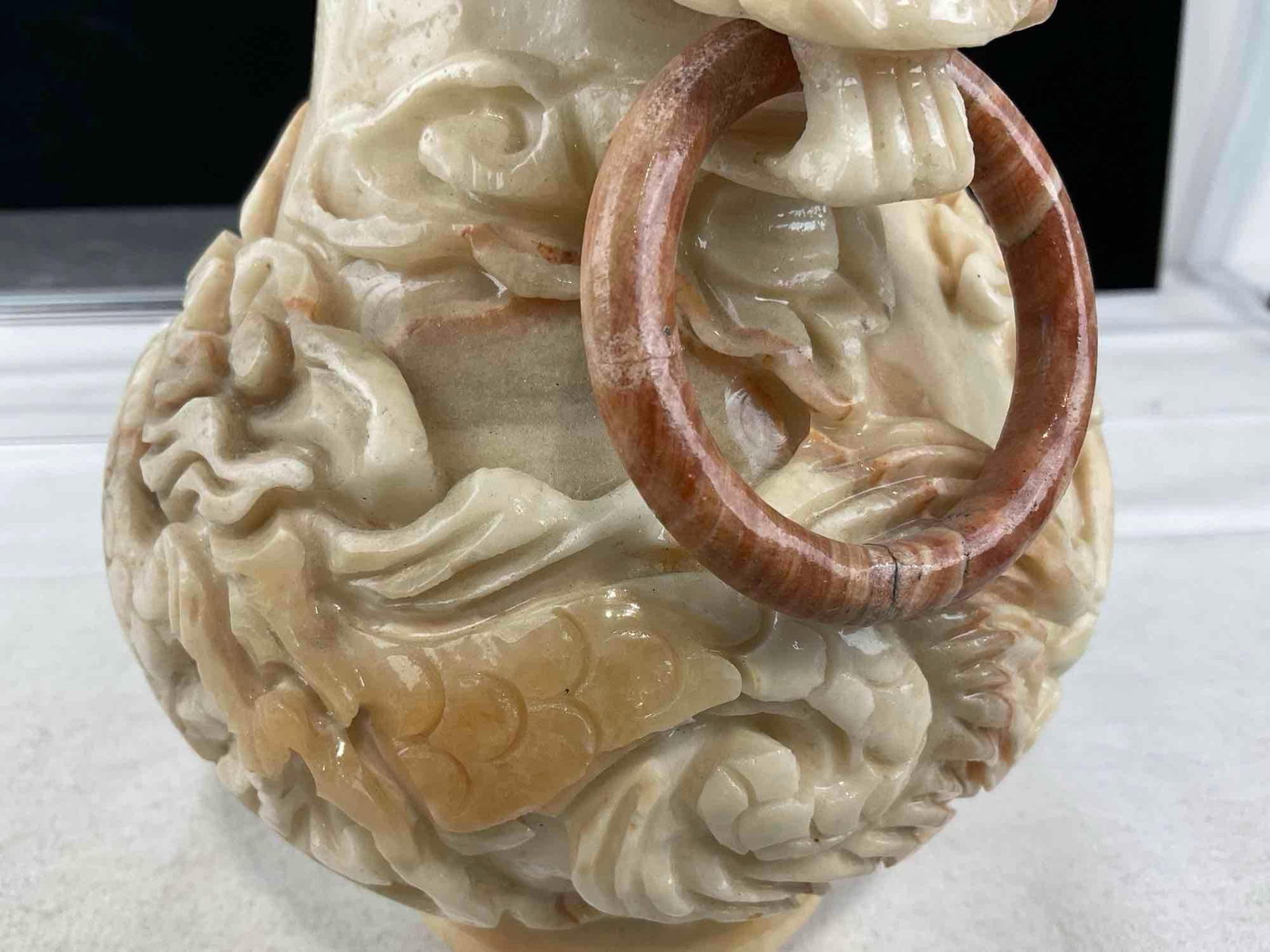Handcarved Rojo Coralito Marble Dragon Vase, Intricate design, w/small stand, 12 inches tall - 6