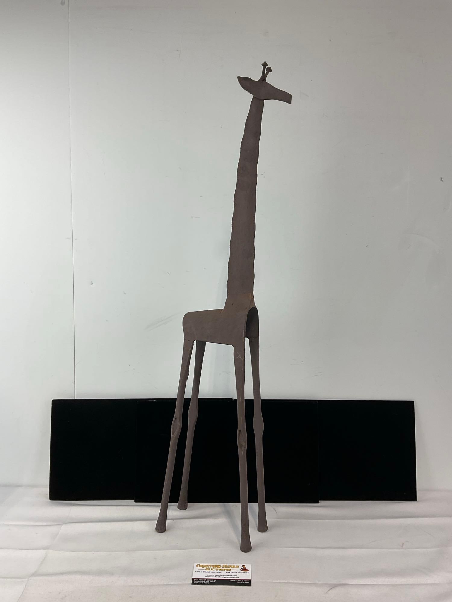 Tall & Thin Wrought Iron Charming Giraffe Figure, 31h x 8w x 4d inches: Appears to be in good shape. The pieces fit in a box that measures 31h x 8w x 4d inches. See pics. E-6080
