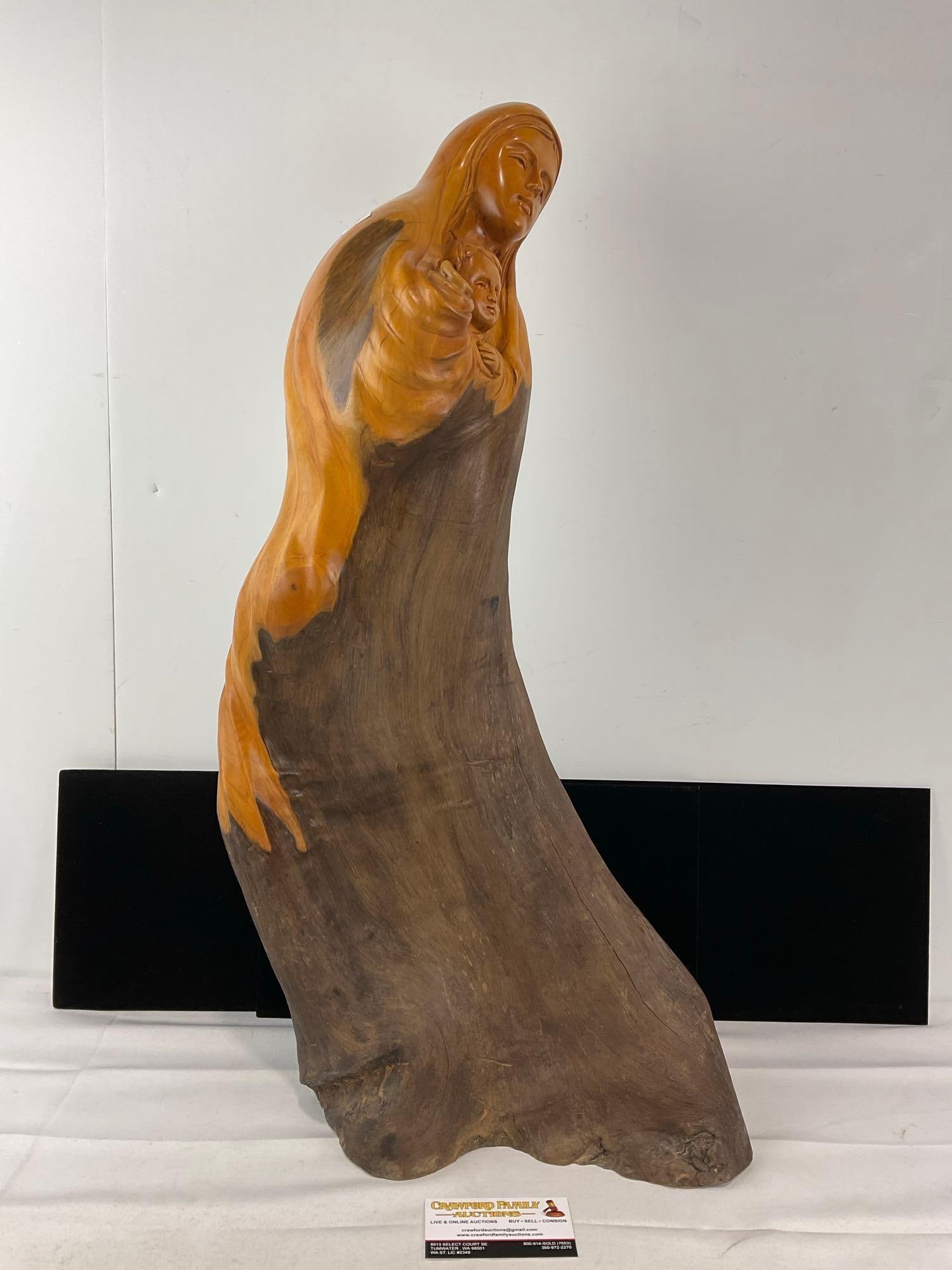Handcarved Mother Mary & Jesus Statue, Polished Wood w/natural finish on the rest, driftwood slab: Matches the style of the next piece. Appears to be in good shape. The pieces fit in a box that measures 28h x 16w x 9d inches. See pics. E-6080