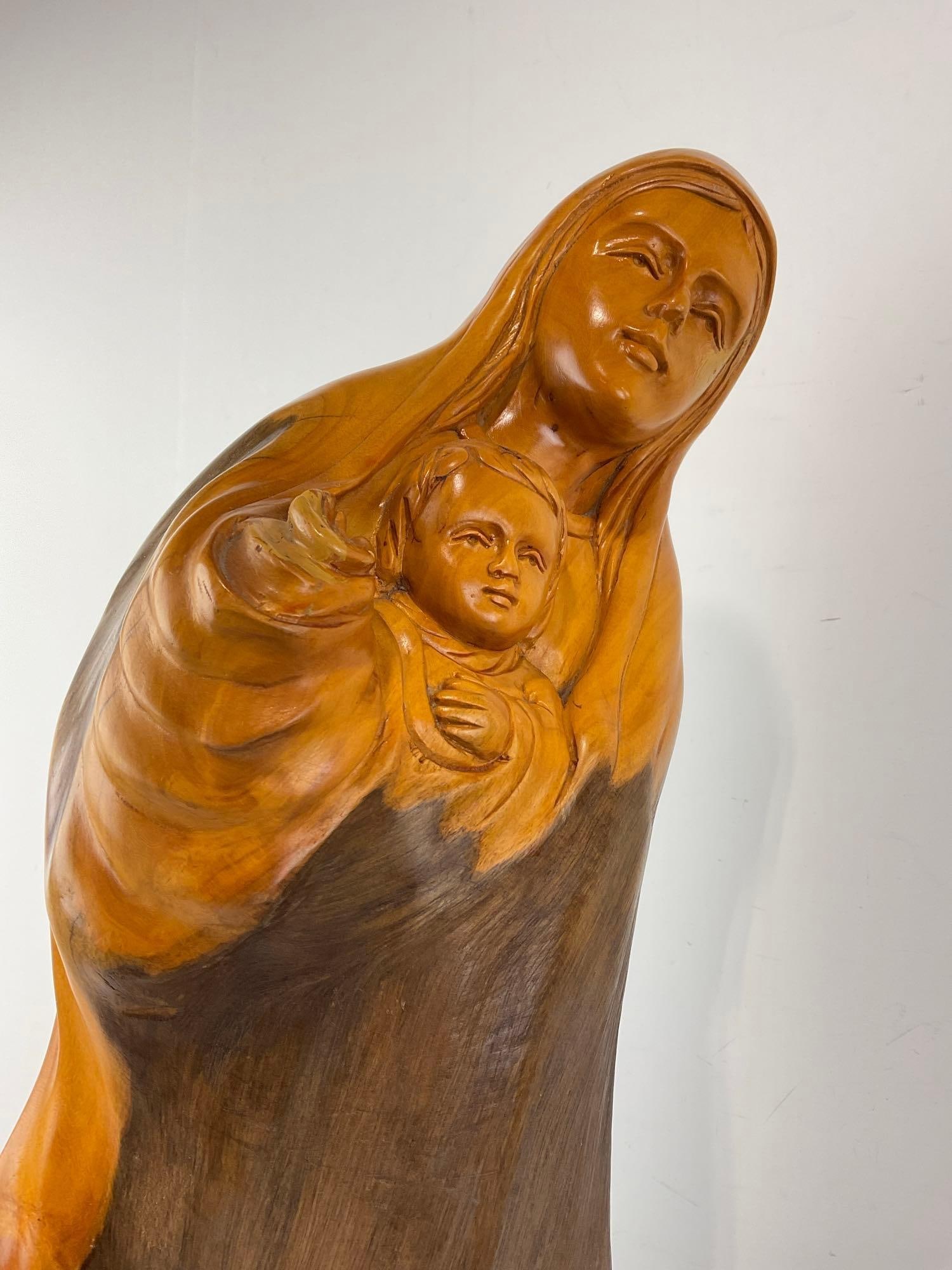 Handcarved Mother Mary & Jesus Statue, Polished Wood w/natural finish on the rest, driftwood slab - 2