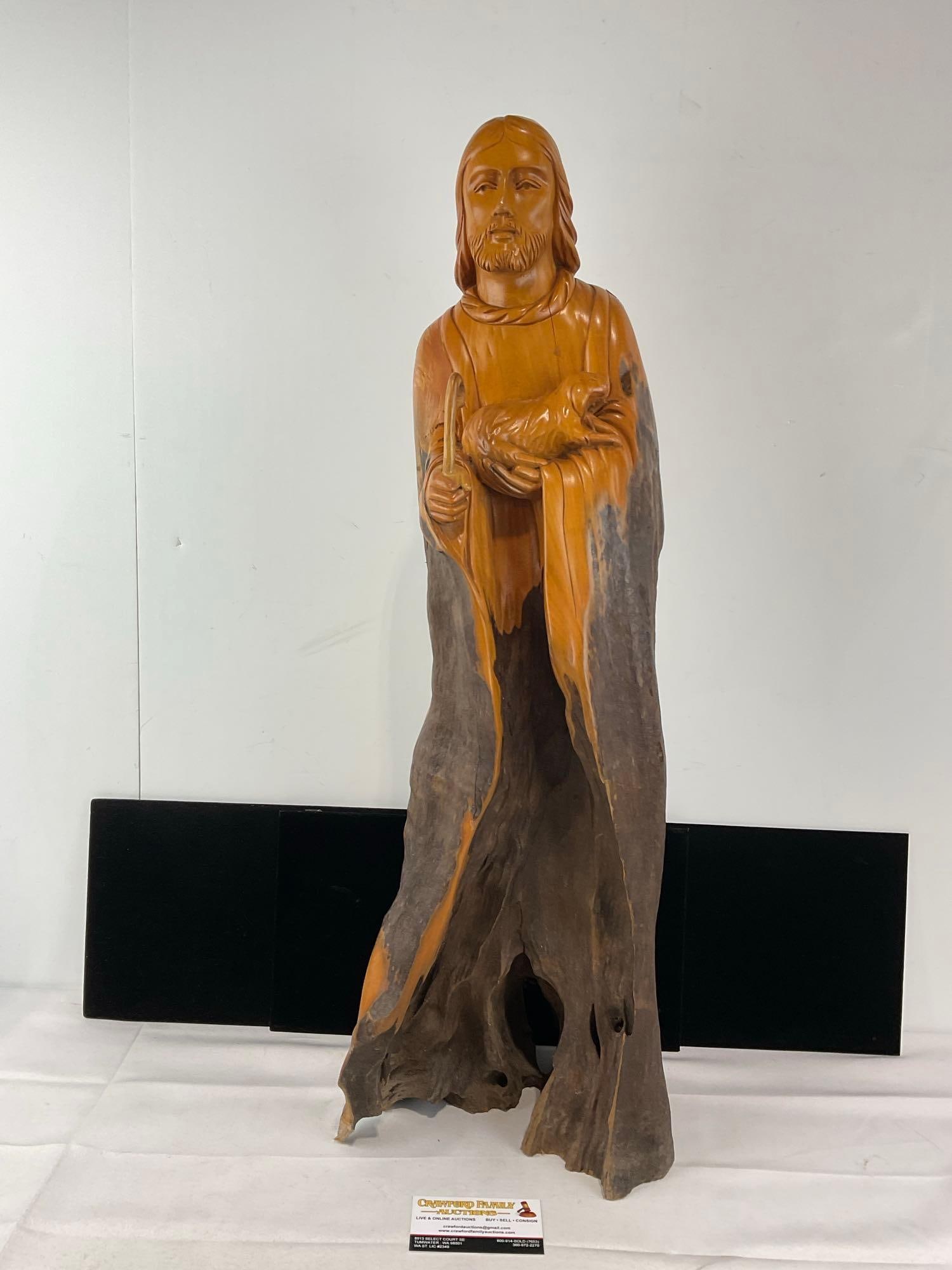 Handcarved Adult Jesus & Lamb Statue, Polished Wood w/natural finish on the rest, driftwood slab: Matches the style of the last piece. Appears to be in good shape. The pieces fit in a box that measures 30h x 11w x 9d inches. See pics. E-6080