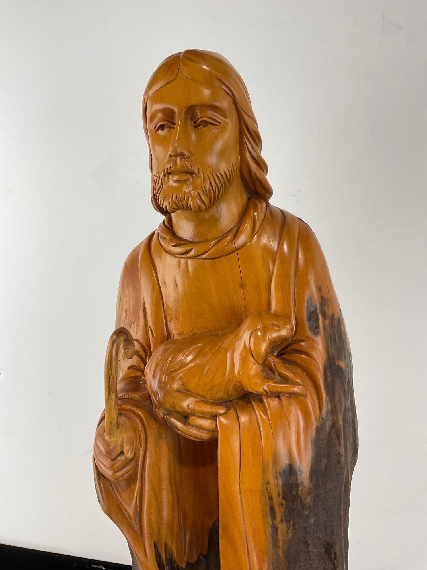 Handcarved Adult Jesus & Lamb Statue, Polished Wood w/natural finish on the rest, driftwood slab - 2
