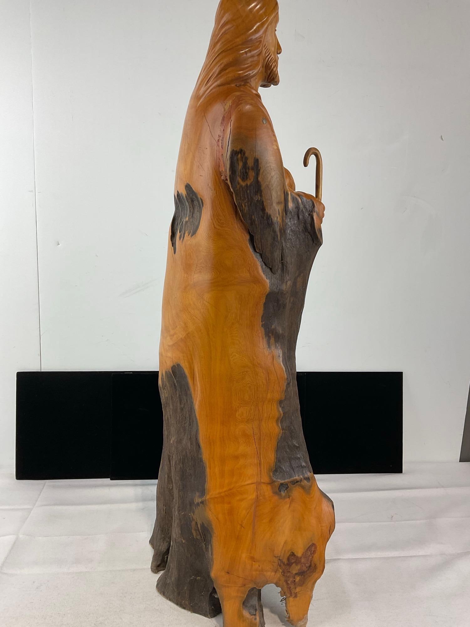 Handcarved Adult Jesus & Lamb Statue, Polished Wood w/natural finish on the rest, driftwood slab - 4