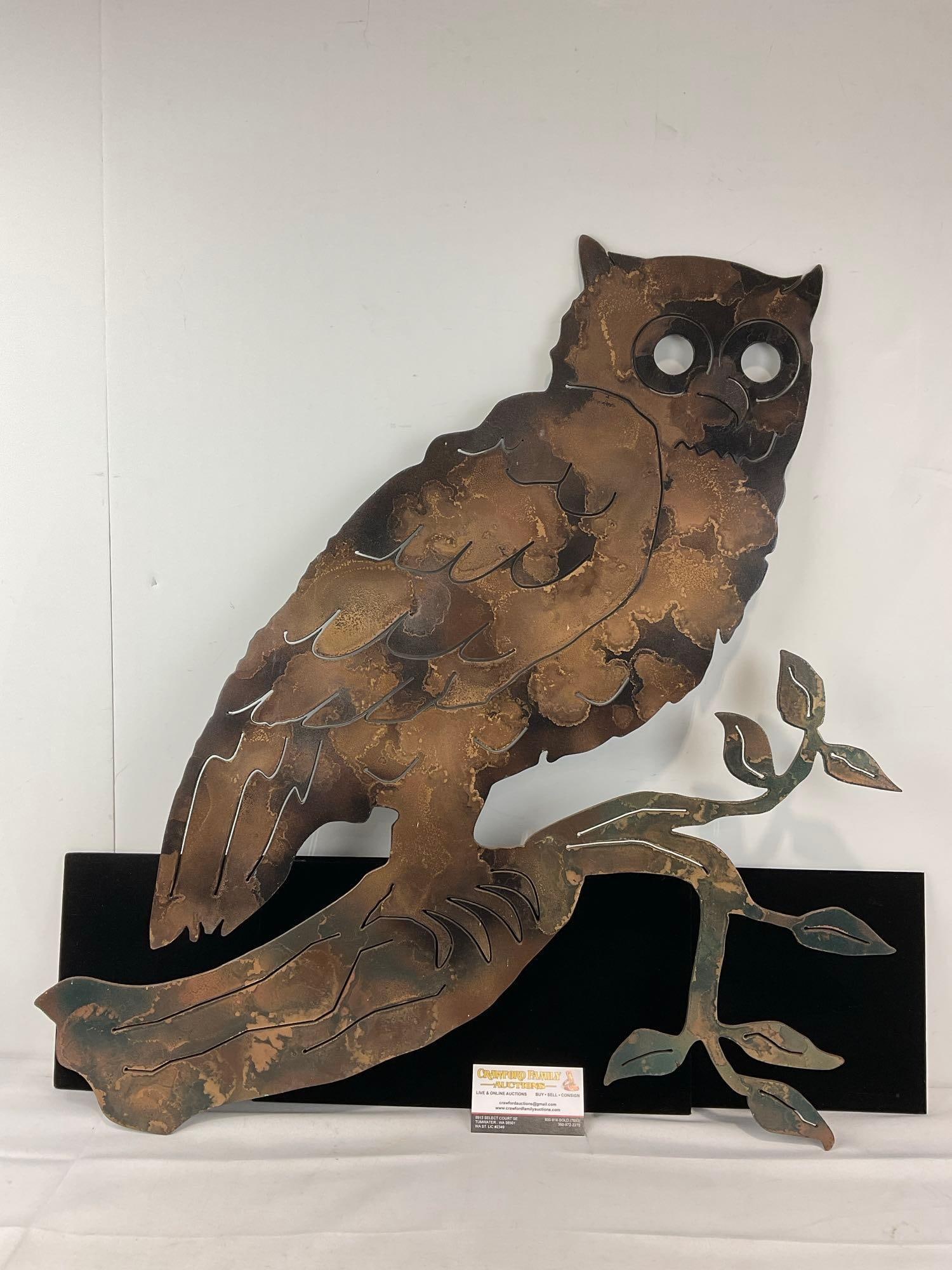 Laser Cut Metal Owl Wall Art piece, patina finish, 29h x 26w x 3d inches: Two washers on back to hold it. Appears to be in good shape. The pieces fit in a box that measures 29h x 26w x 3d inches. See pics. E-6080