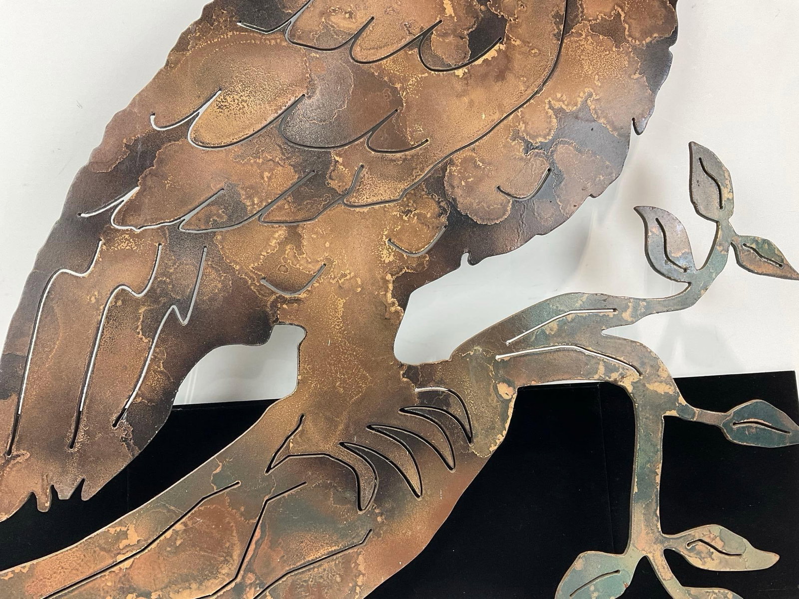 Laser Cut Metal Owl Wall Art piece, patina finish, 29h x 26w x 3d inches - 3