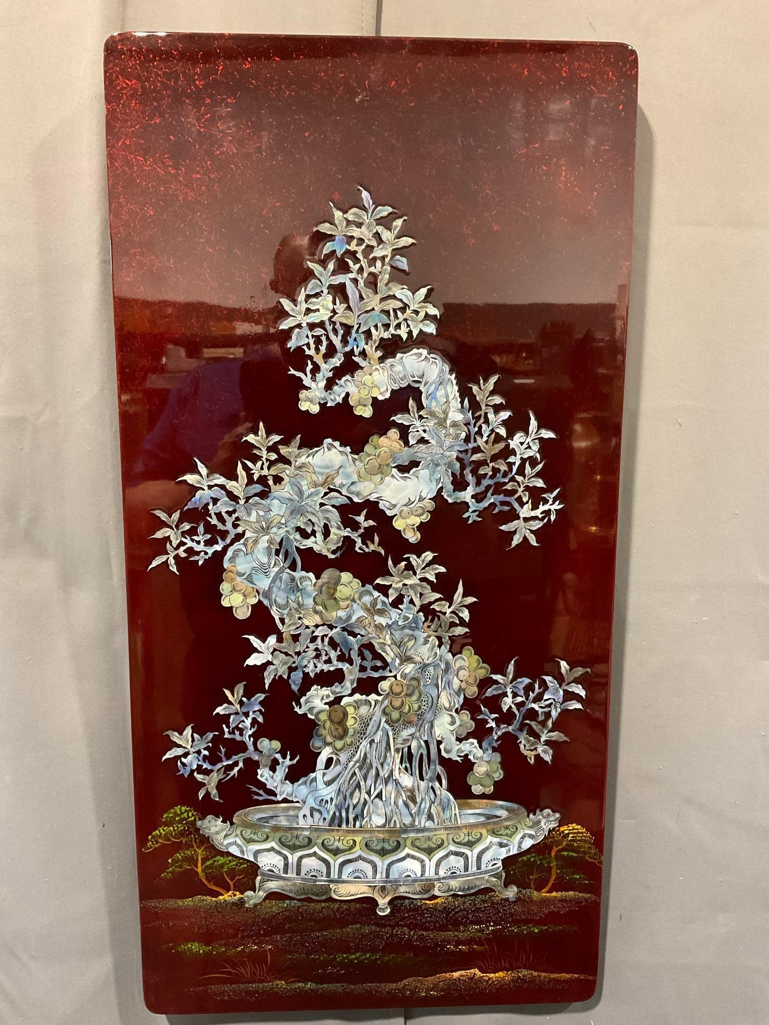 Gorgeous Asian Red Lacquered Board w/Mother of Pearl Motif, 37h x 17w x 2d inches: Similar lots 32-34, these are a set of matching themed pieces, Appears to be in fair to good shape, there is some wear near the top from being stacked up. The pieces each measures approx 37h x