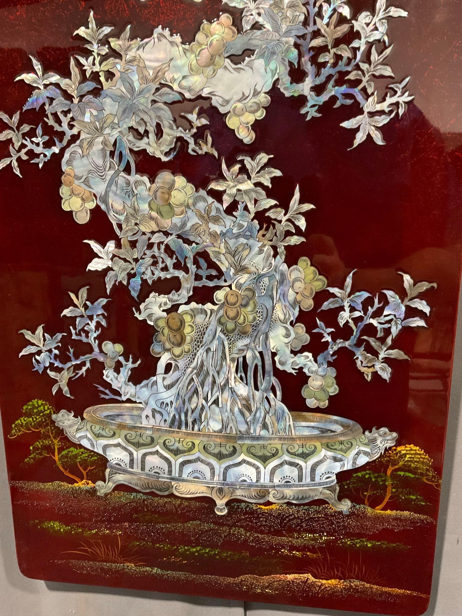 Gorgeous Asian Red Lacquered Board w/Mother of Pearl Motif, 37h x 17w x 2d inches - 2