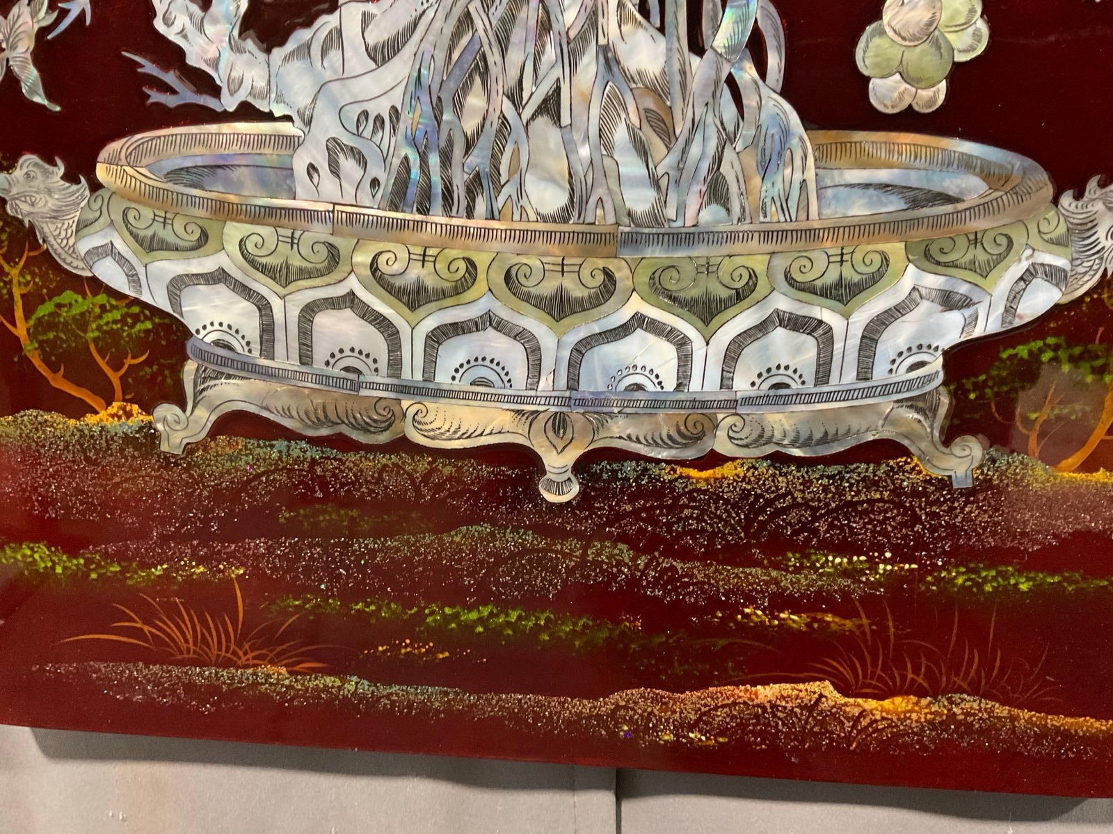 Gorgeous Asian Red Lacquered Board w/Mother of Pearl Motif, 37h x 17w x 2d inches - 3