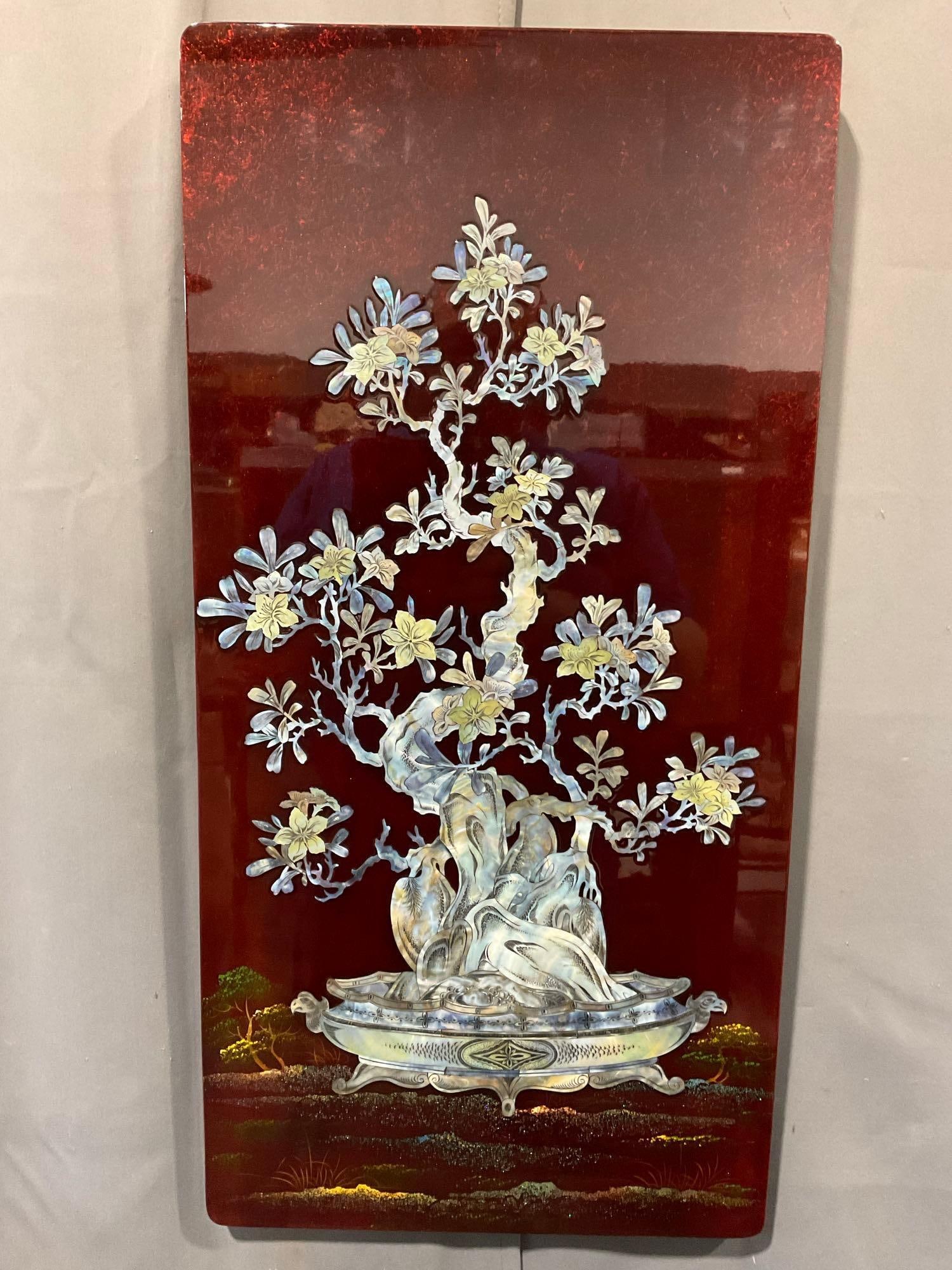 Gorgeous Asian Red Lacquered Board w/Mother of Pearl Motif, 37h x 17w x 2d inches: Similar lots 31, 33, &34, these are a set of matching themed pieces, Appears to be in fair to good shape, there is some wear near the top from being stacked up. The pieces each measures approx