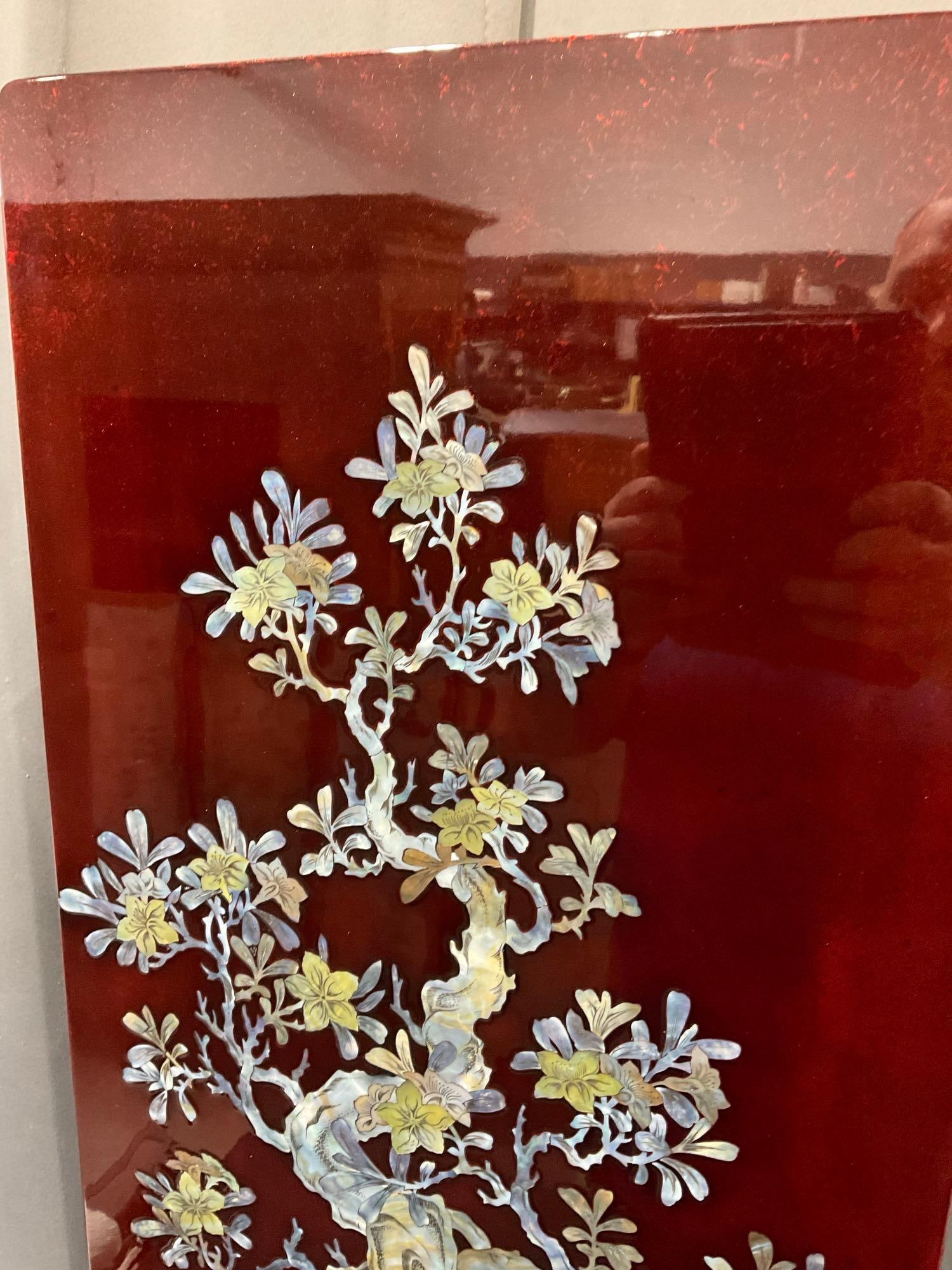 Gorgeous Asian Red Lacquered Board w/Mother of Pearl Motif, 37h x 17w x 2d inches - 2