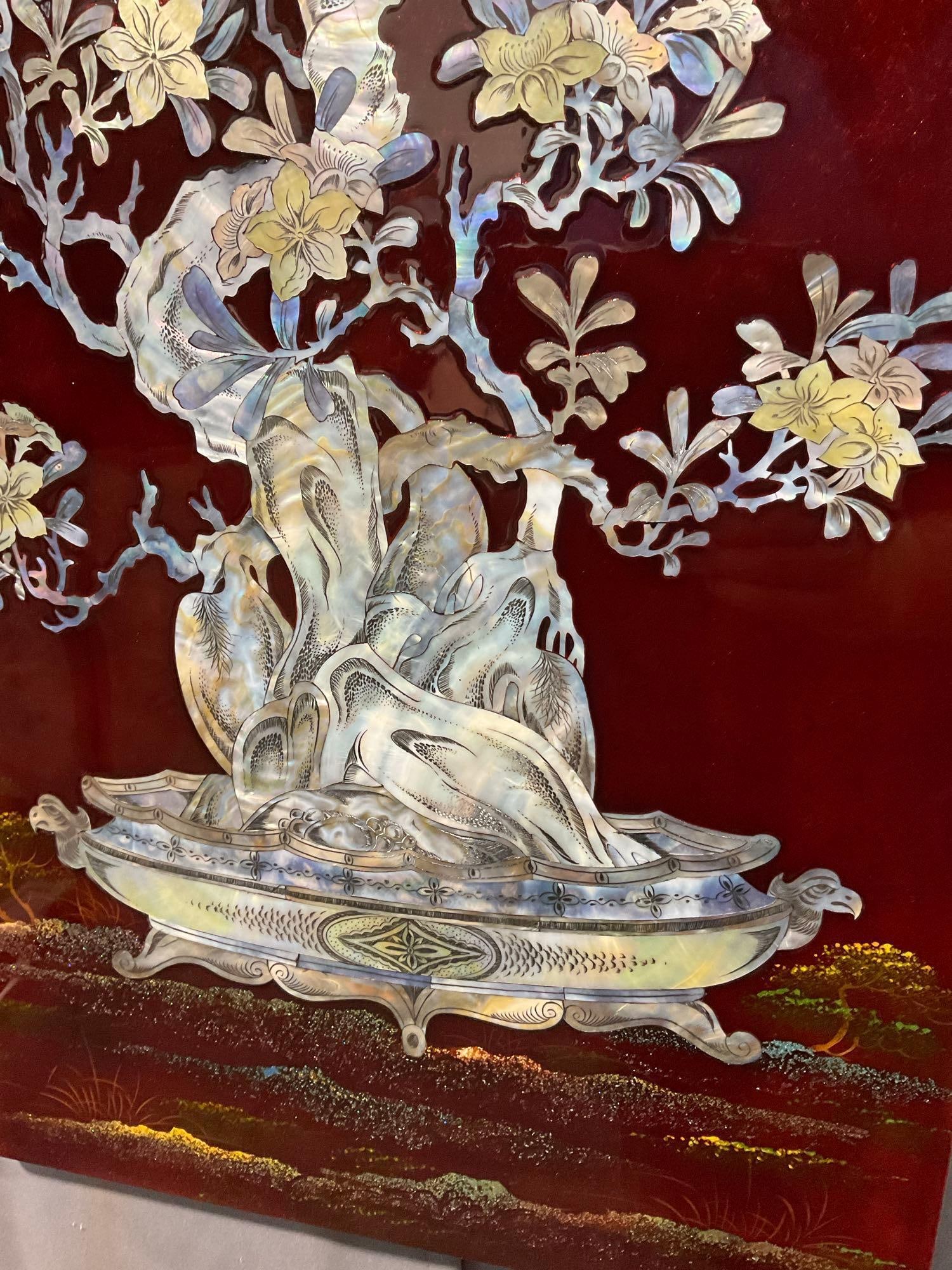 Gorgeous Asian Red Lacquered Board w/Mother of Pearl Motif, 37h x 17w x 2d inches - 3