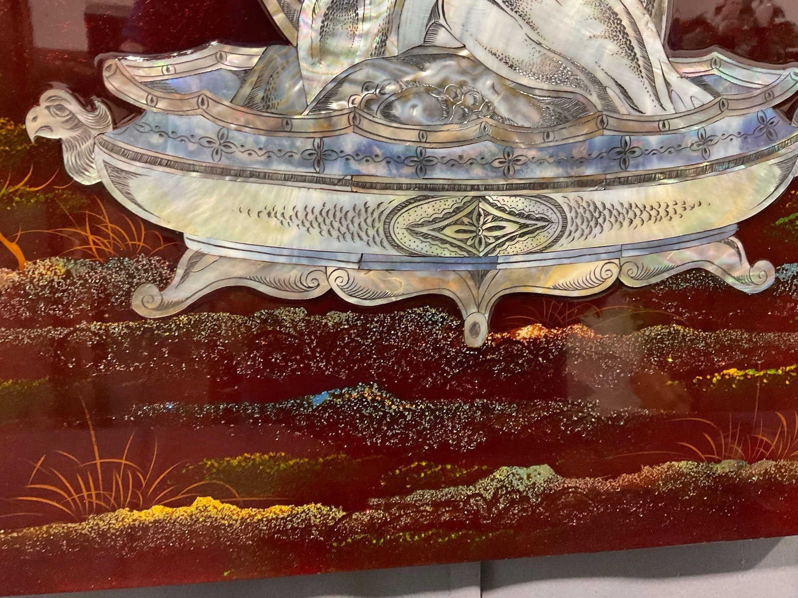 Gorgeous Asian Red Lacquered Board w/Mother of Pearl Motif, 37h x 17w x 2d inches - 4