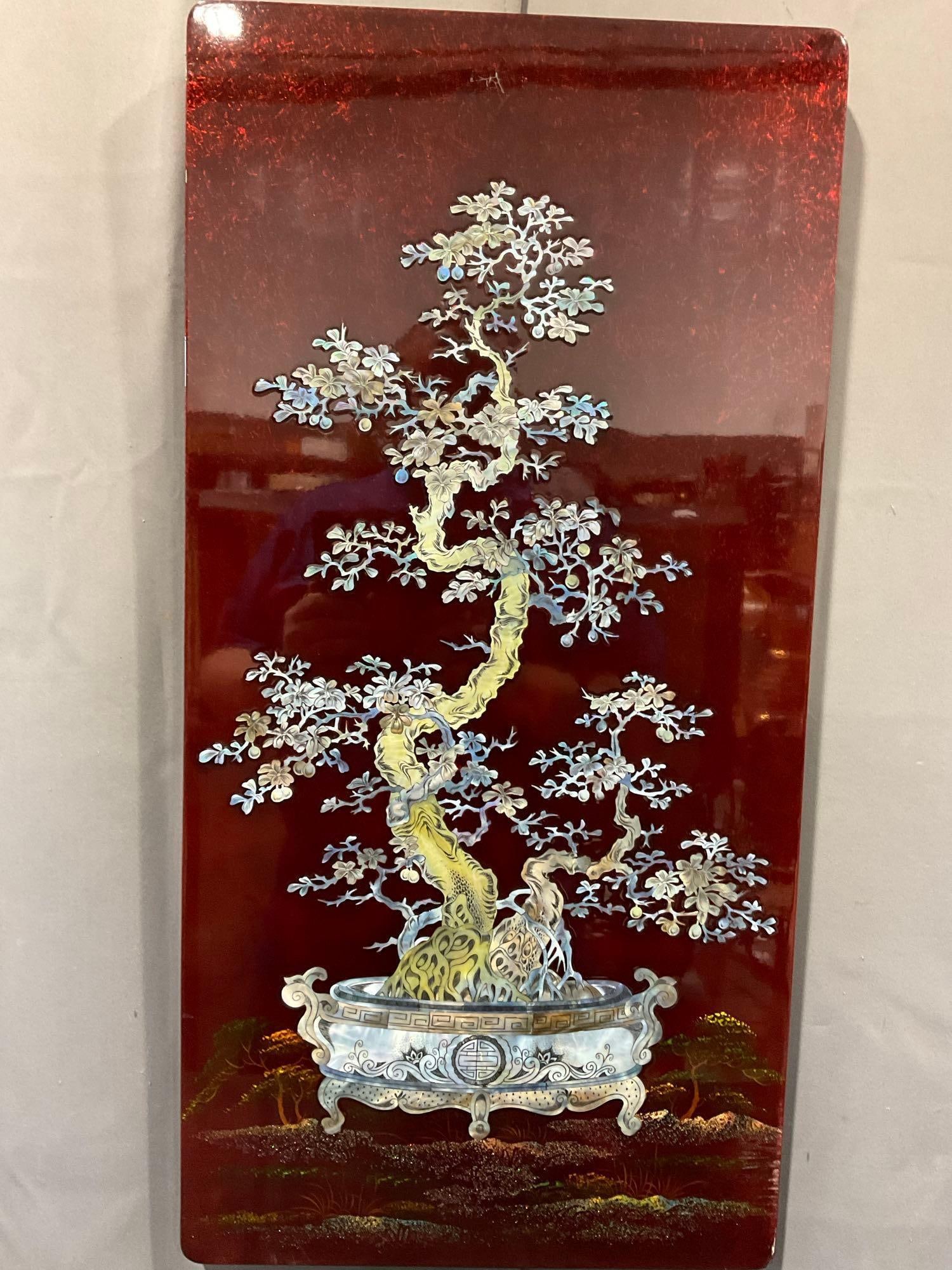 Gorgeous Asian Red Lacquered Board w/Mother of Pearl Motif, 37h x 17w x 2d inches: Similar lots 31, 32 & 34, these are a set of matching themed pieces, Appears to be in fair to good shape, there is some wear near the top from being stacked up. The pieces each measures approx