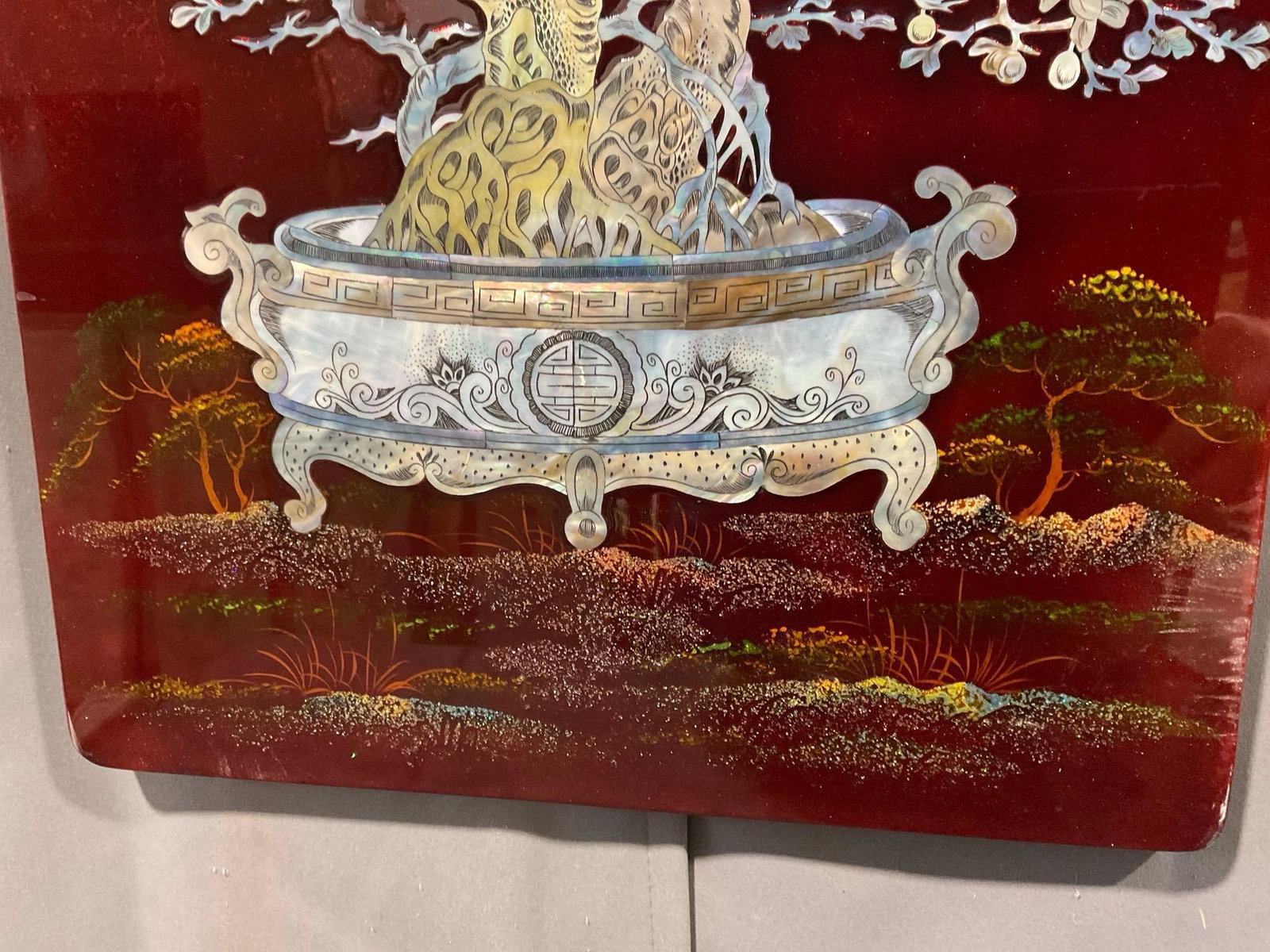 Gorgeous Asian Red Lacquered Board w/Mother of Pearl Motif, 37h x 17w x 2d inches - 4