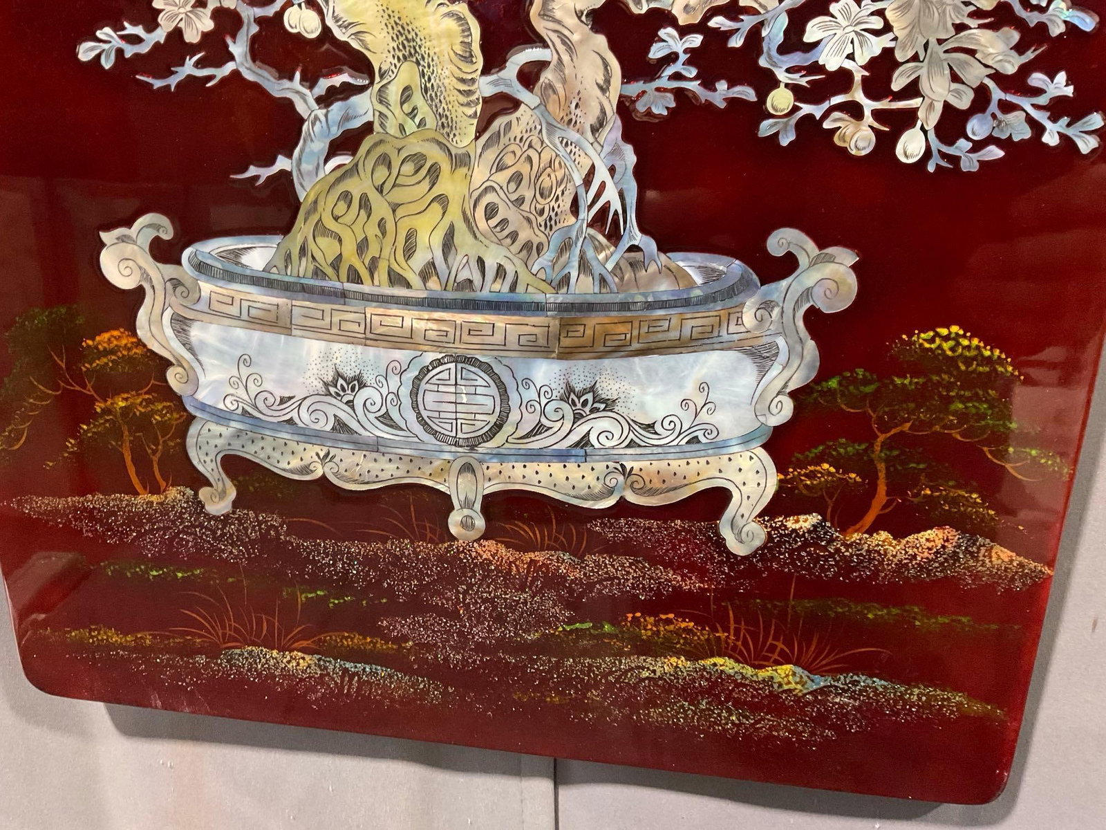 Gorgeous Asian Red Lacquered Board w/Mother of Pearl Motif, 37h x 17w x 2d inches - 5