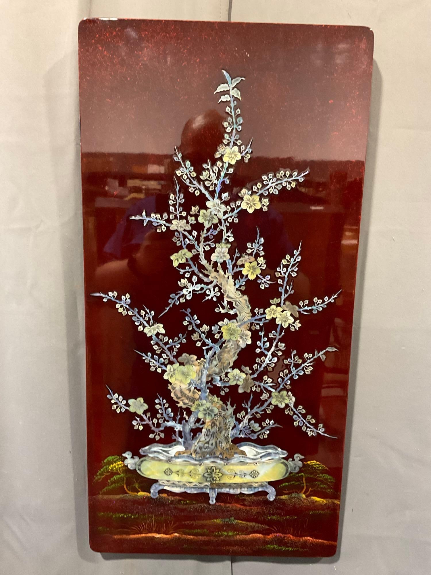 Gorgeous Asian Red Lacquered Board w/Mother of Pearl Motif, 37h x 17w x 2d inches: Similar lots 31-33, these are a set of matching themed pieces, Appears to be in fair to good shape, there is some wear near the top from being stacked up. The pieces each measures approx 37h x 17w x