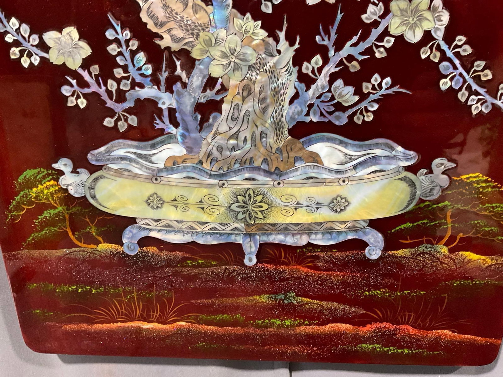 Gorgeous Asian Red Lacquered Board w/Mother of Pearl Motif, 37h x 17w x 2d inches - 4