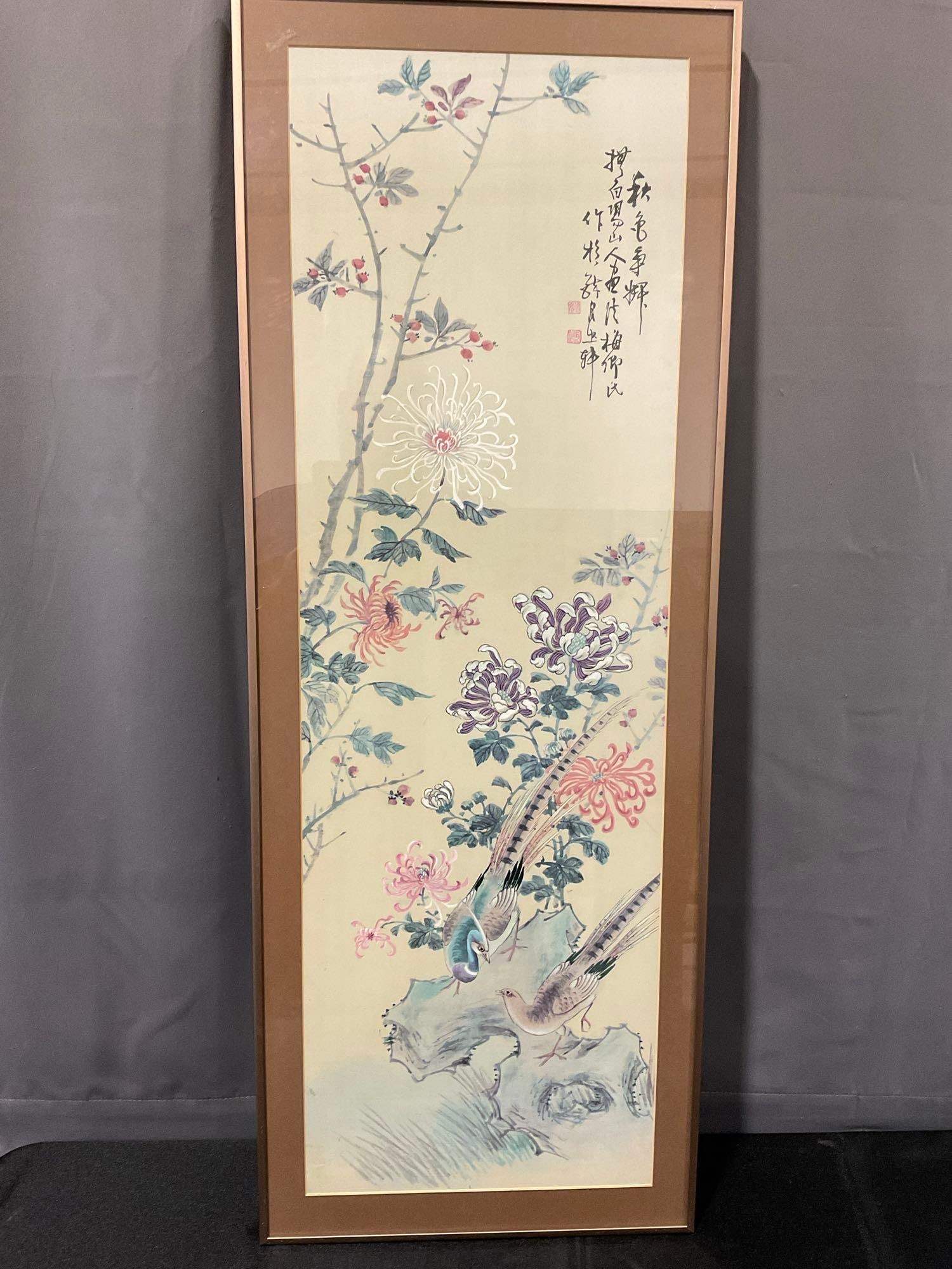 Framed Part of 4 pannel Chinese Watercolor Lithograph Floral motif w/Pheasants, By DAC of NY: In a matching styled set of 4 w/lots 36-38. Appears to be in good shape. Each piece measures approx 41h x 16w x 3d inches. See pics. E-6080 1 of 4 Individual Panel Set produced by the Donal