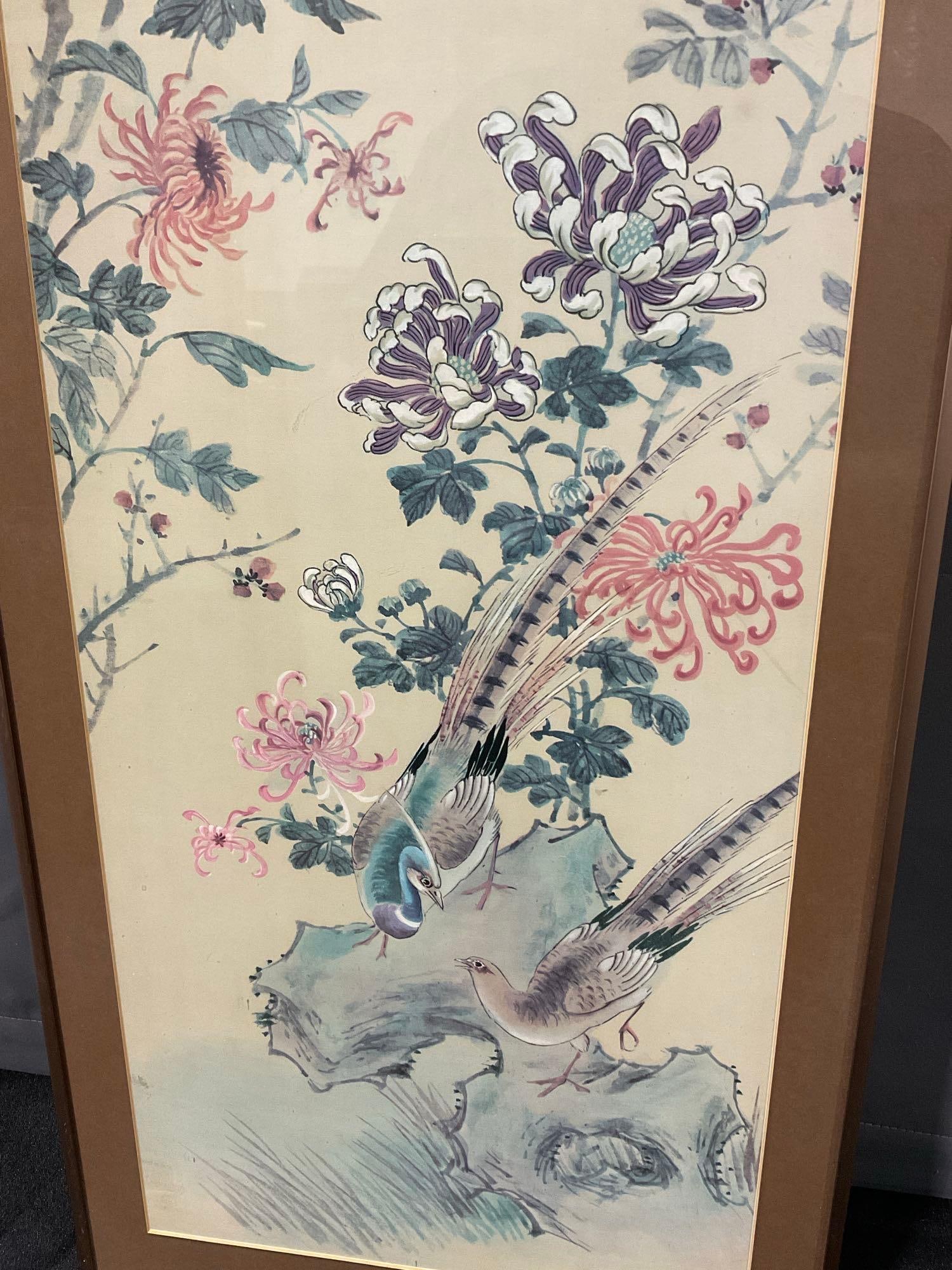 Framed Part of 4 pannel Chinese Watercolor Lithograph Floral motif w/Pheasants, By DAC of NY - 4