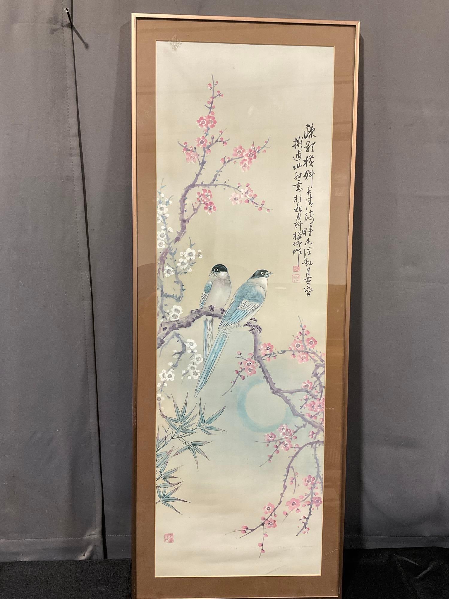 Framed Chinese Watercolor litho , Floral motif, Cherry Blossoms w/Bluebirds, BY DAC NY: In a matching styled set of 4 w/lots 35, 37-38. Appears to be in good shape. Each piece measures approx 41h x 16w x 3d inches. See pics. E-6080 1 of 4 Individual Panel Set produced by the