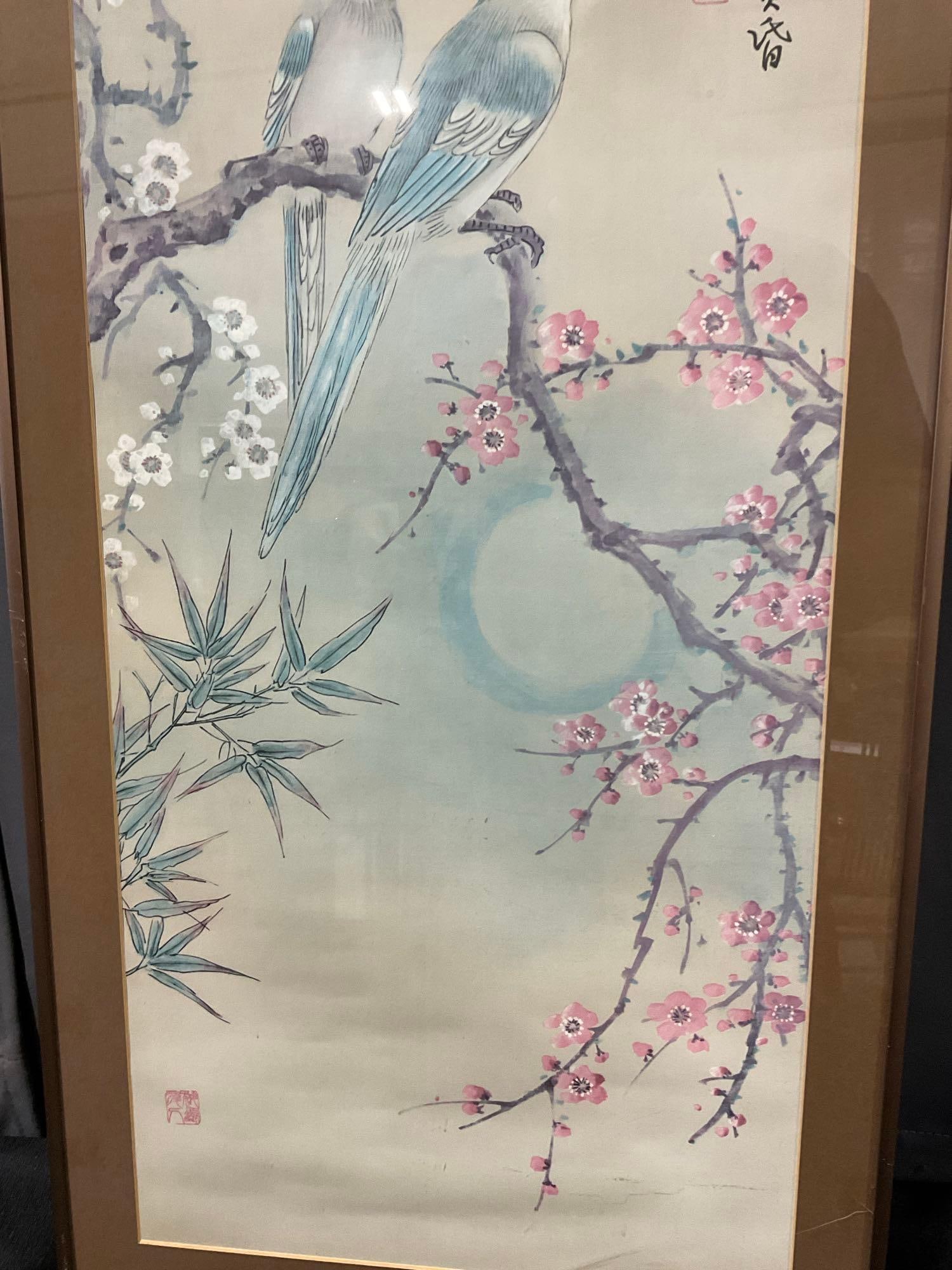 Framed Chinese Watercolor litho , Floral motif, Cherry Blossoms w/Bluebirds, BY DAC NY - 3