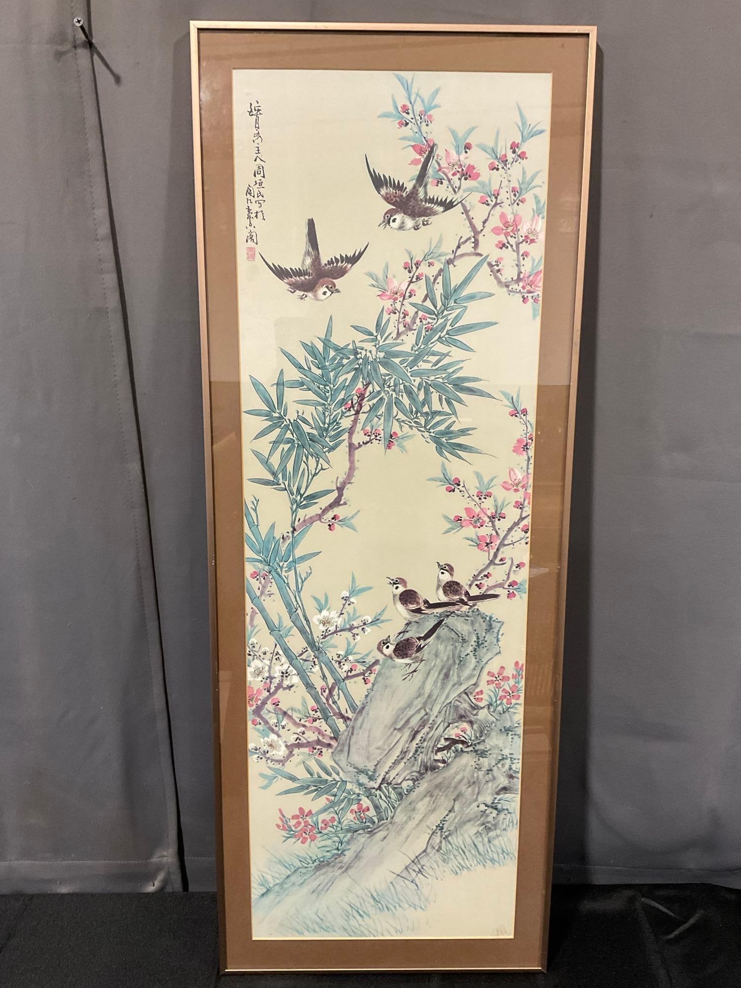 Framed Chinese Watercolor litho , Bamboo & Floral motif w/Finches, By DNC of NY: In a matching styled set of 4 w/lots 35, 36, & 38. Appears to be in good shape. Each piece measures approx 41h x 16w x 3d inches. See pics. E-6080 1 of 4 Individual Panel Set produced by the 