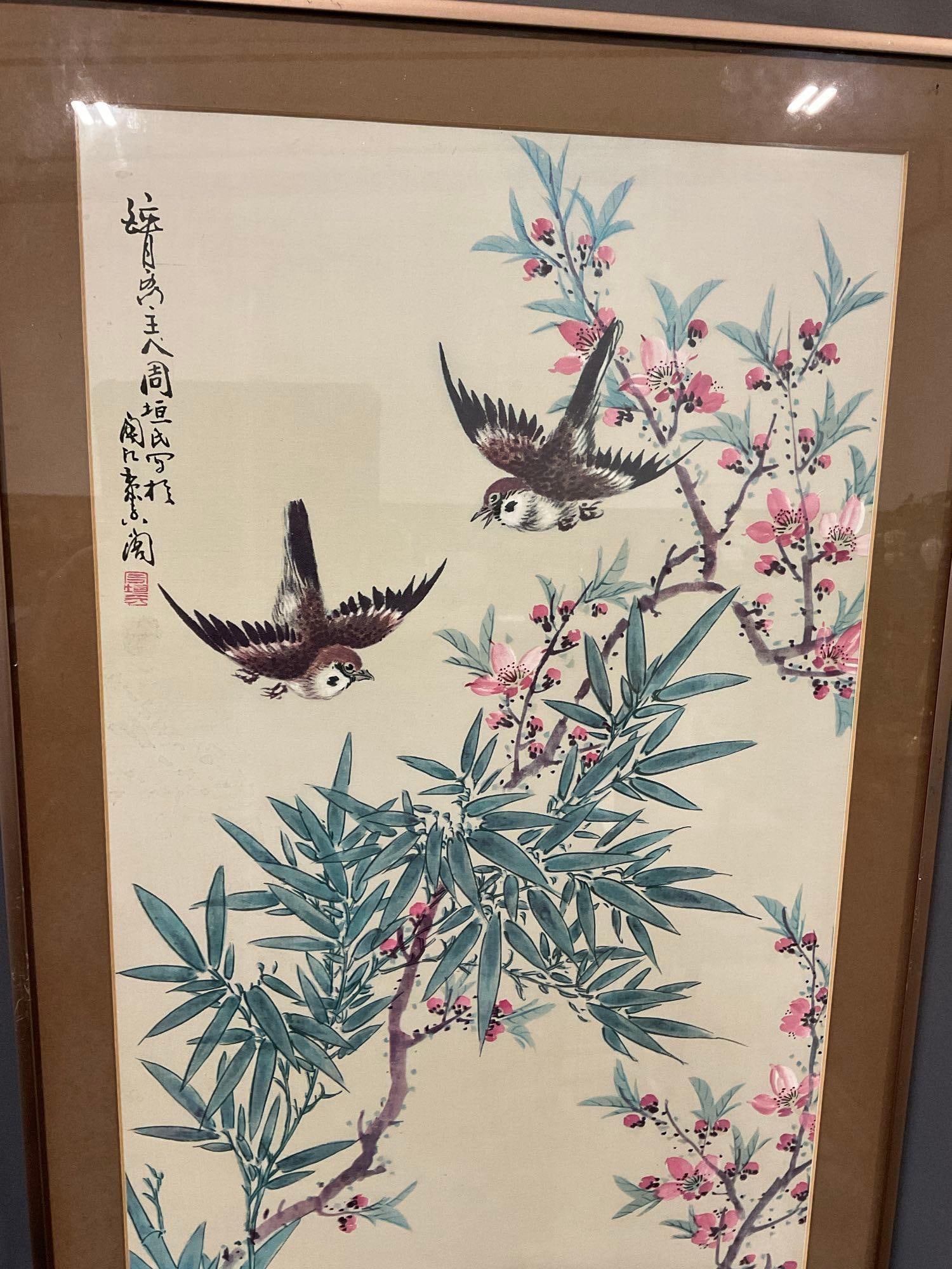 Framed Chinese Watercolor litho , Bamboo & Floral motif w/Finches, By DNC of NY - 2
