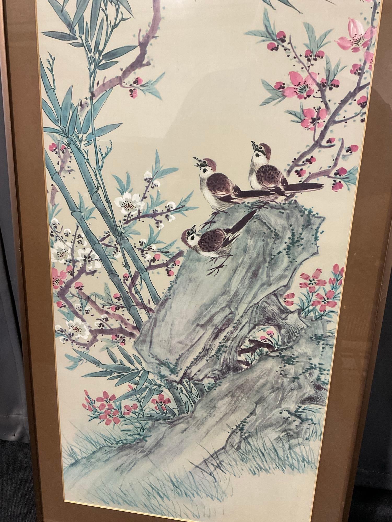 Framed Chinese Watercolor litho , Bamboo & Floral motif w/Finches, By DNC of NY - 3