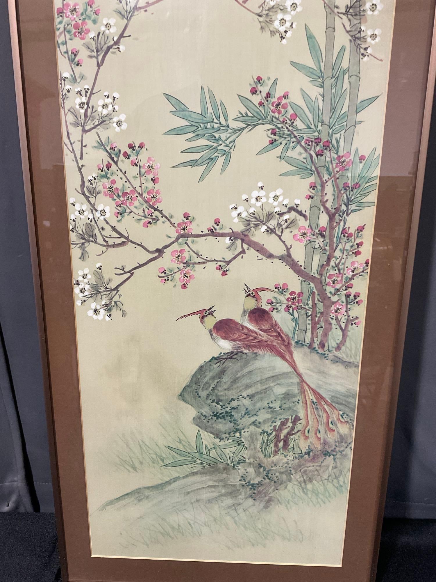 Framed Chinese Watercolor, Cherry Blossom Floral motif w/Several Birds, By DNC of NY - 3