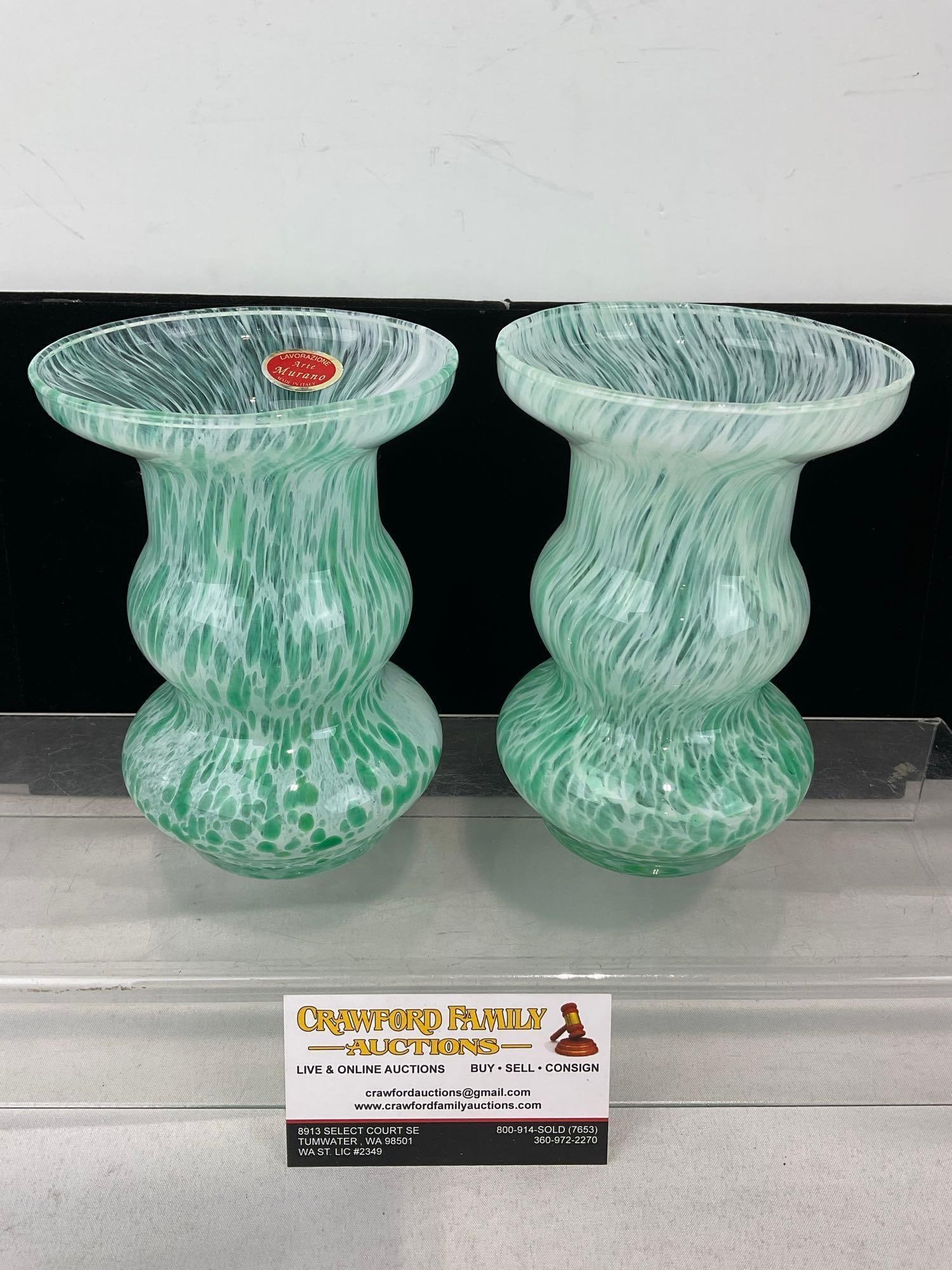 Pair of Gorgeous Handblown Green & White Swirled Glass Lavorazione Arte Murano Vases, 6 inch tall: Appears to be in good shape. The piece measures approx 7h x 9w x 12d inches. See pics. E-6080