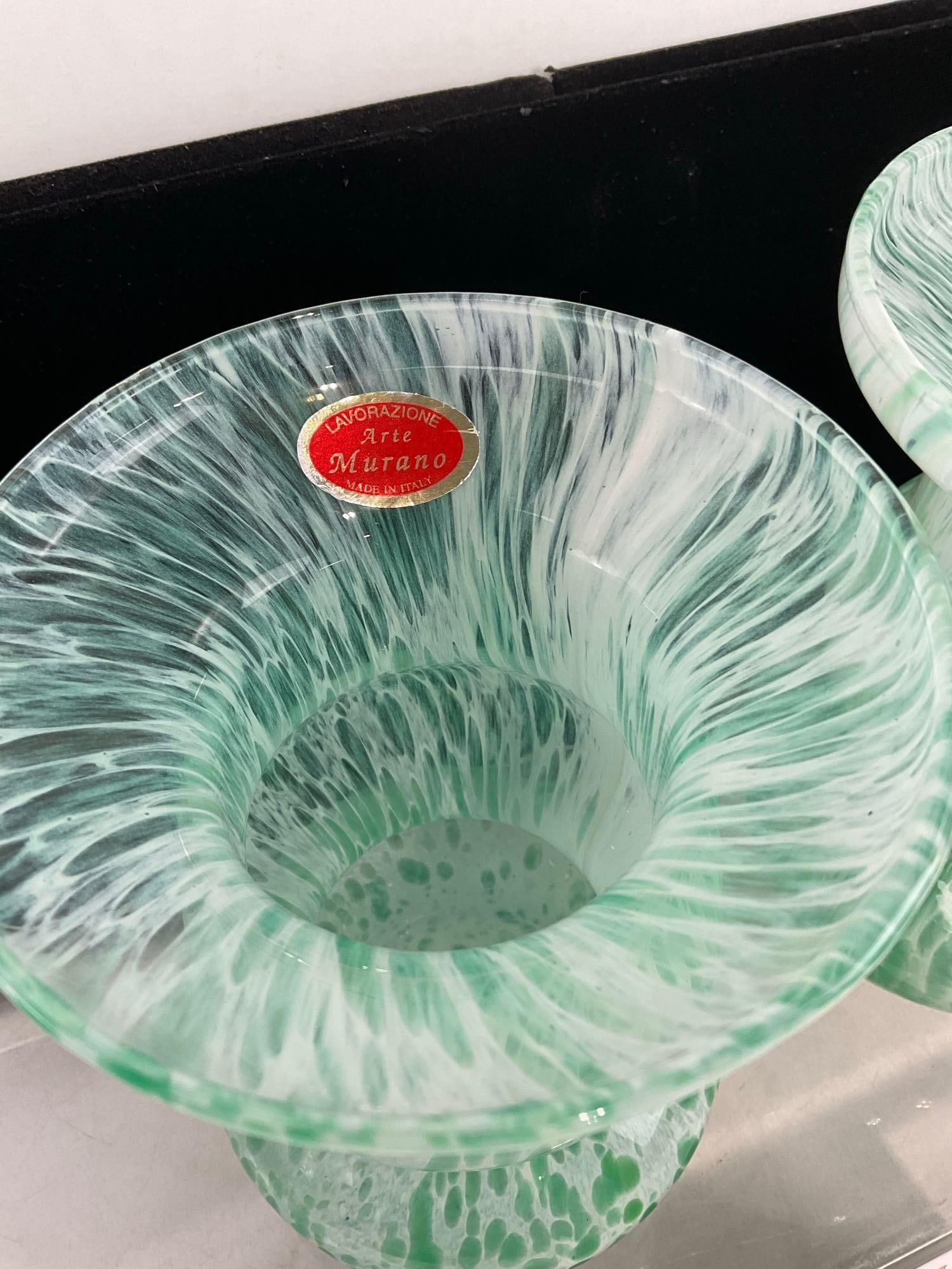 Pair of Gorgeous Handblown Green & White Swirled Glass Lavorazione Arte Murano Vases, 6 inch tall - 2