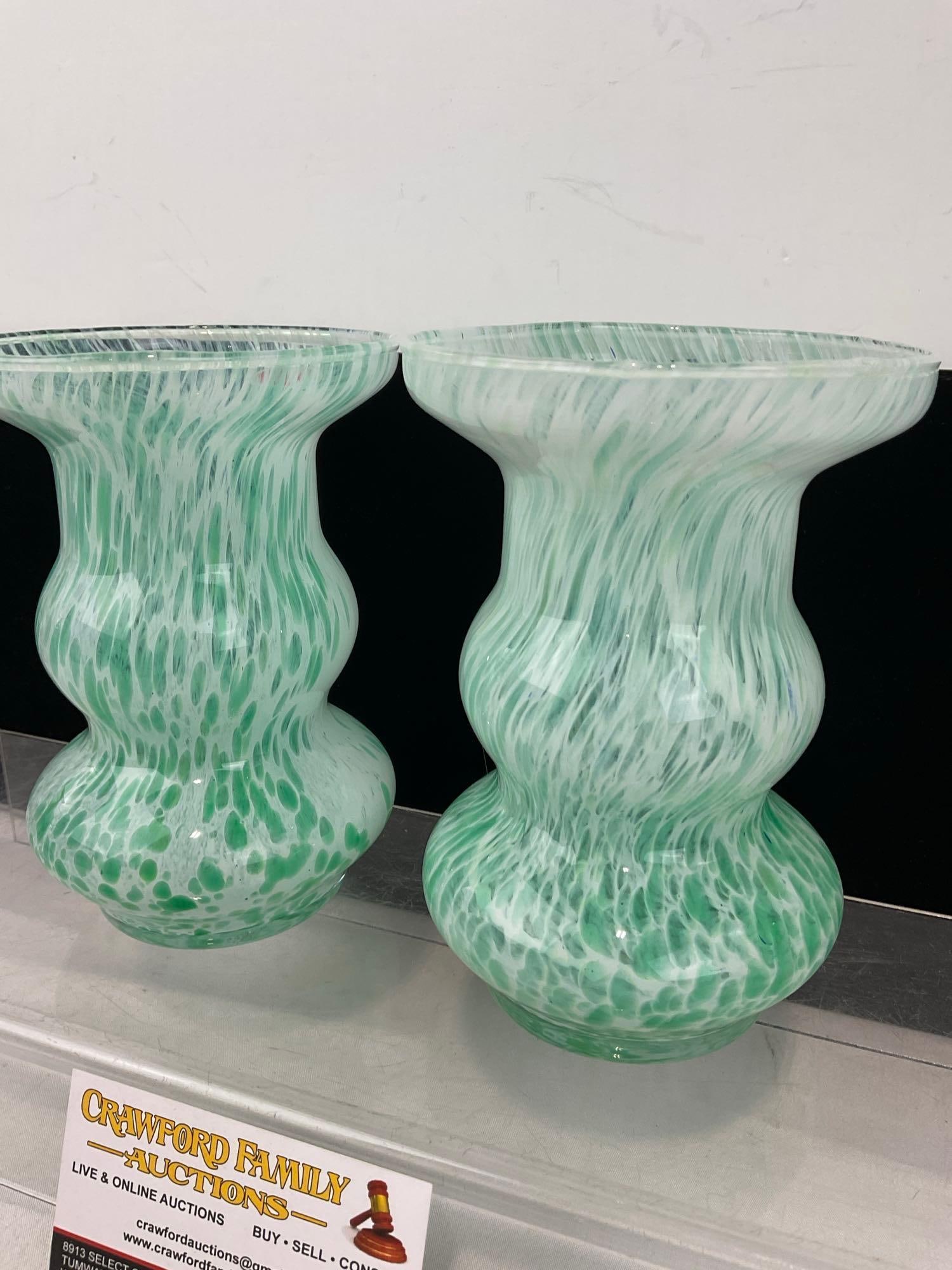 Pair of Gorgeous Handblown Green & White Swirled Glass Lavorazione Arte Murano Vases, 6 inch tall - 3