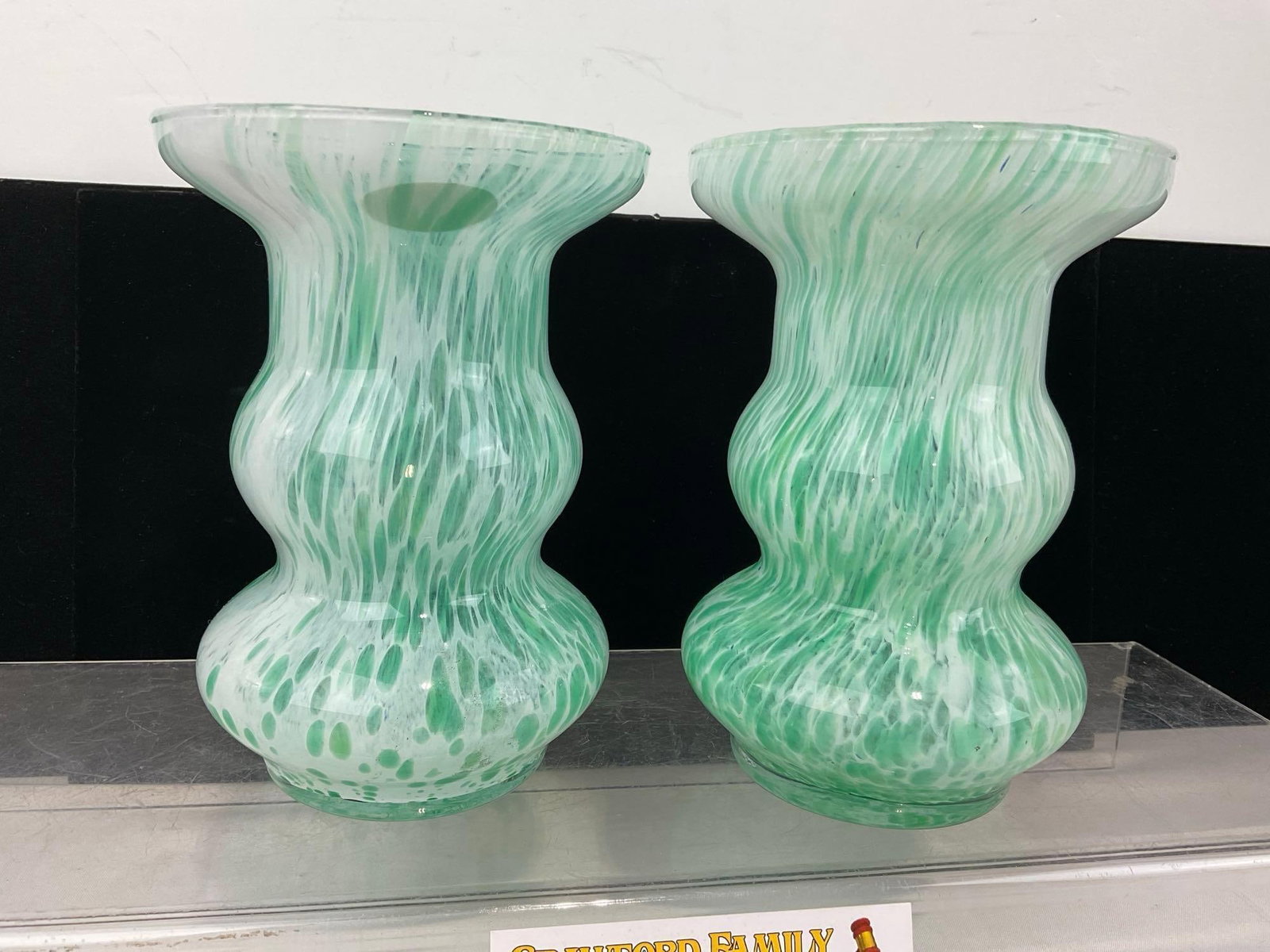 Pair of Gorgeous Handblown Green & White Swirled Glass Lavorazione Arte Murano Vases, 6 inch tall - 4