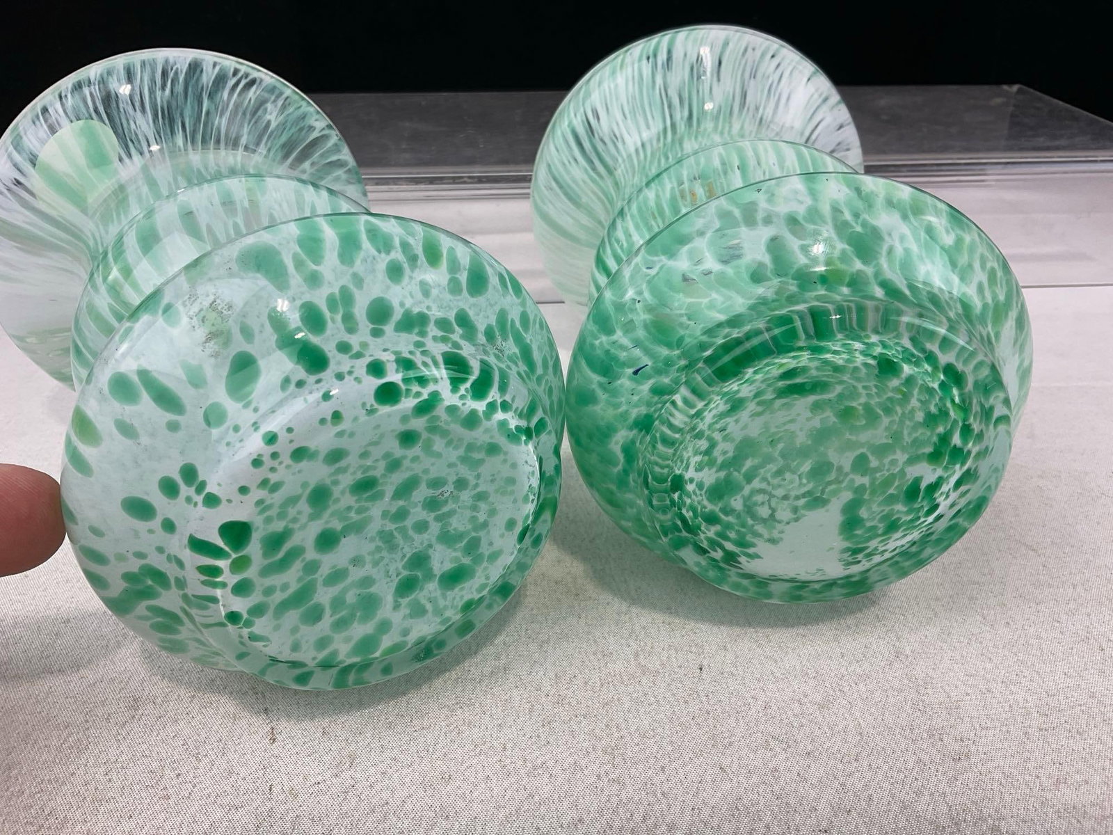 Pair of Gorgeous Handblown Green & White Swirled Glass Lavorazione Arte Murano Vases, 6 inch tall - 5