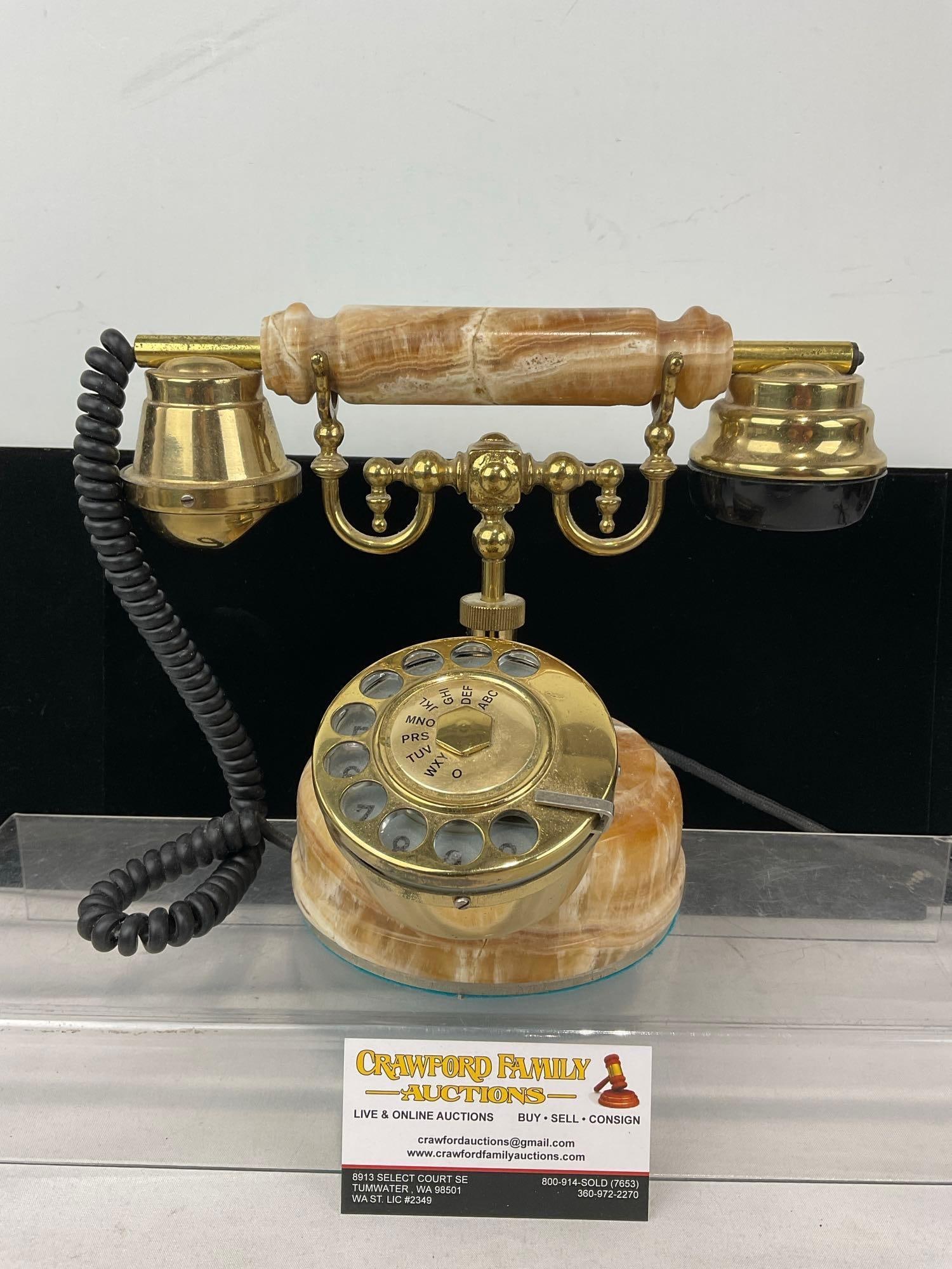Vintage Rotary Telephone Italian Marble Alabaster Onyx Jim Tirrenia, untested: Appears to be in fair to good shape, the wire looks to be spliced, and the base is cracked, otherwise has a lot of character. The piece measures approx 9h x 11w x 9d inches. See pics. E-6080