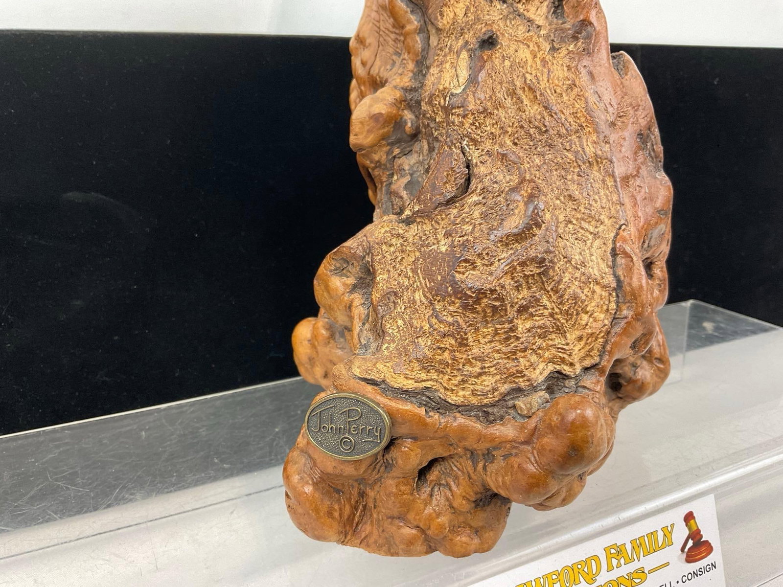 Carved Pellucida Eagle Sculpture on Burlwood Stand, by John Perry, 16x13x7 inches - 2