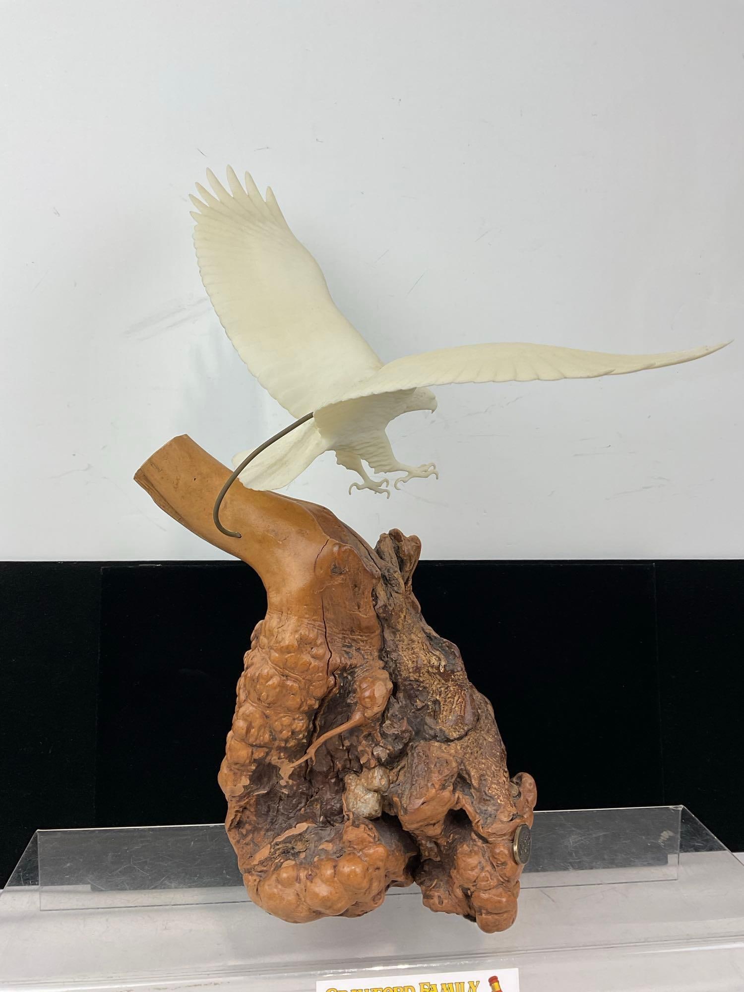 Carved Pellucida Eagle Sculpture on Burlwood Stand, by John Perry, 16x13x7 inches - 4