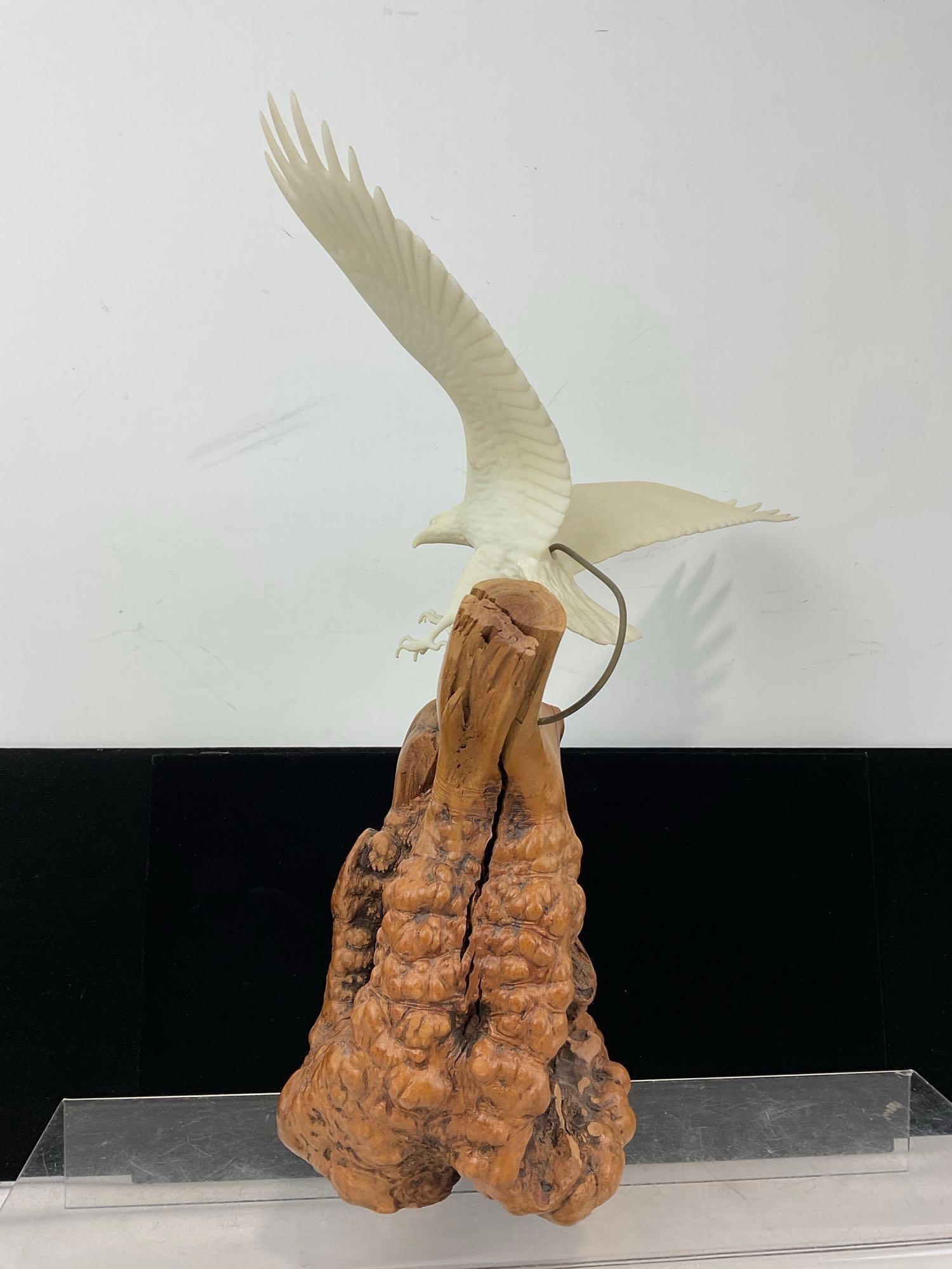 Carved Pellucida Eagle Sculpture on Burlwood Stand, by John Perry, 16x13x7 inches - 5