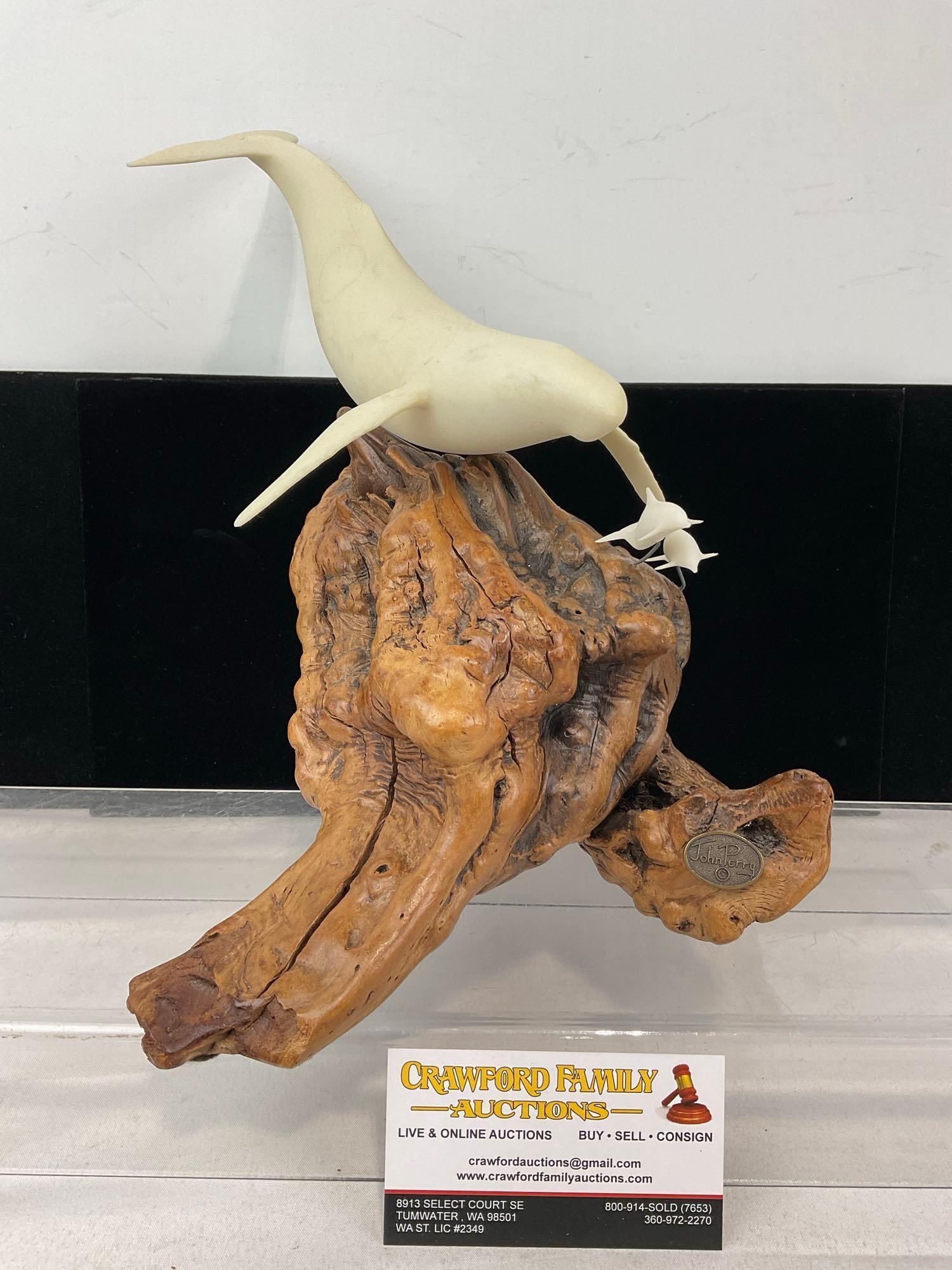 Carved Pellucida Resin Whale & Pair of Dolphins Sculpture on Burlwood Stand, by John Perry, 11x12...: Appears to be in good shape. The piece measures approx 11h x 12w x 10d inches. See pics. E-6080