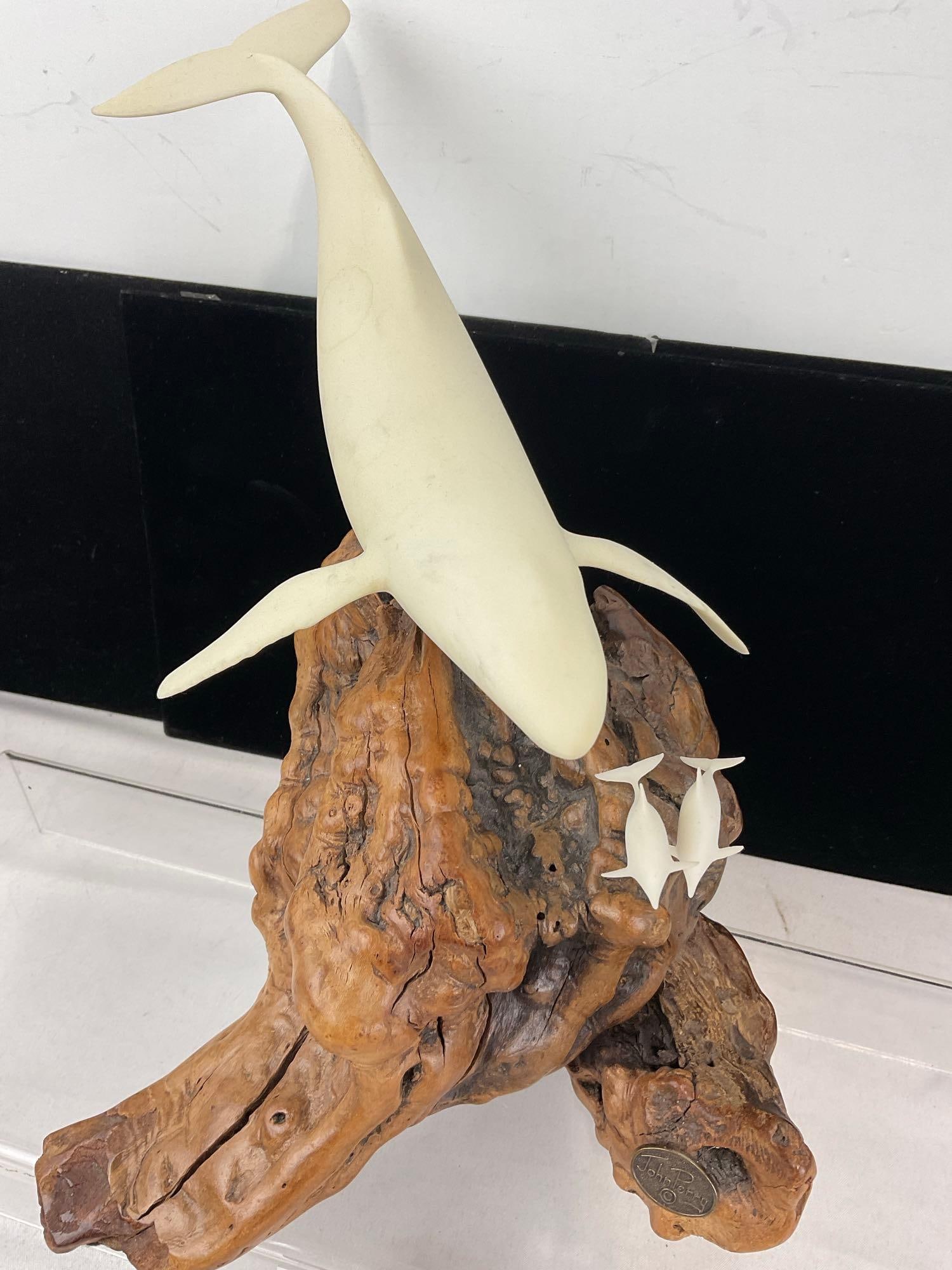 Carved Pellucida Resin Whale & Pair of Dolphins Sculpture on Burlwood Stand, by John Perry, 11x12... - 2
