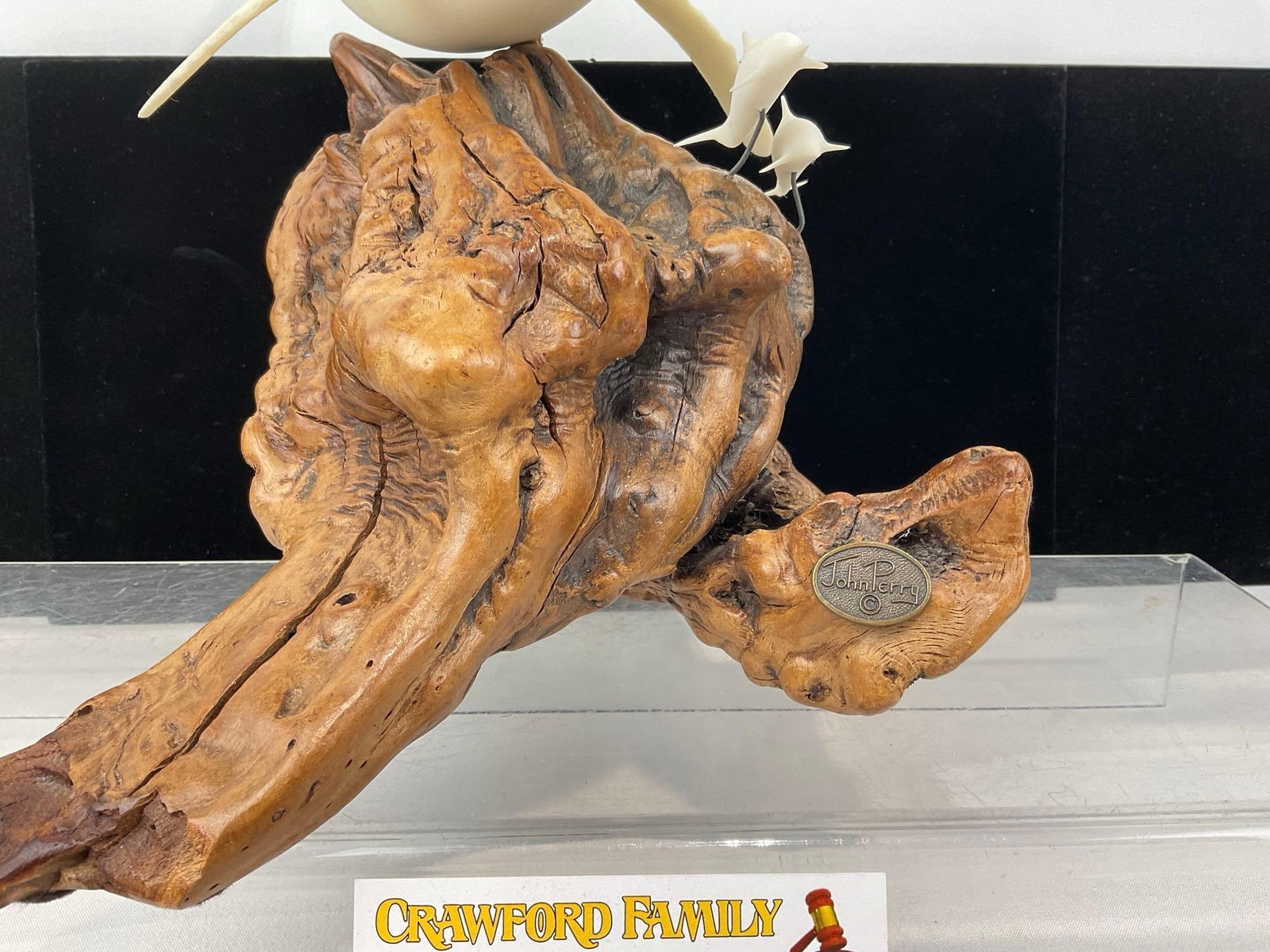 Carved Pellucida Resin Whale & Pair of Dolphins Sculpture on Burlwood Stand, by John Perry, 11x12... - 3
