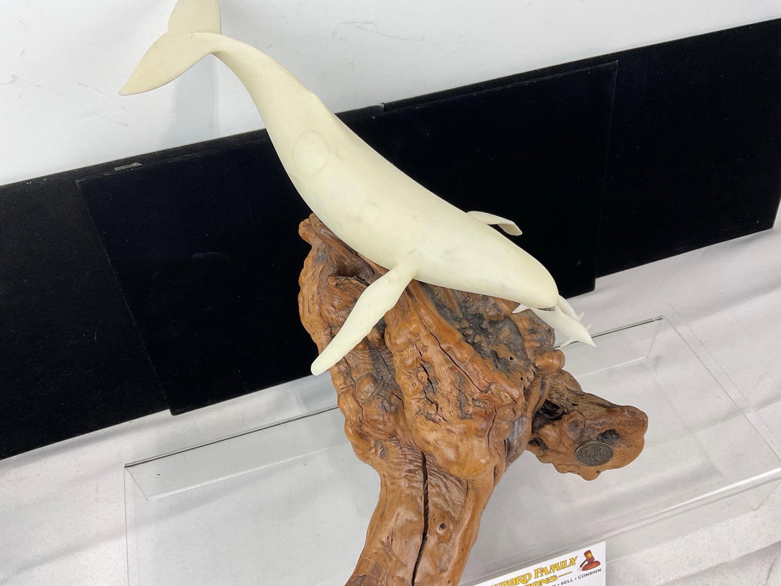 Carved Pellucida Resin Whale & Pair of Dolphins Sculpture on Burlwood Stand, by John Perry, 11x12... - 4