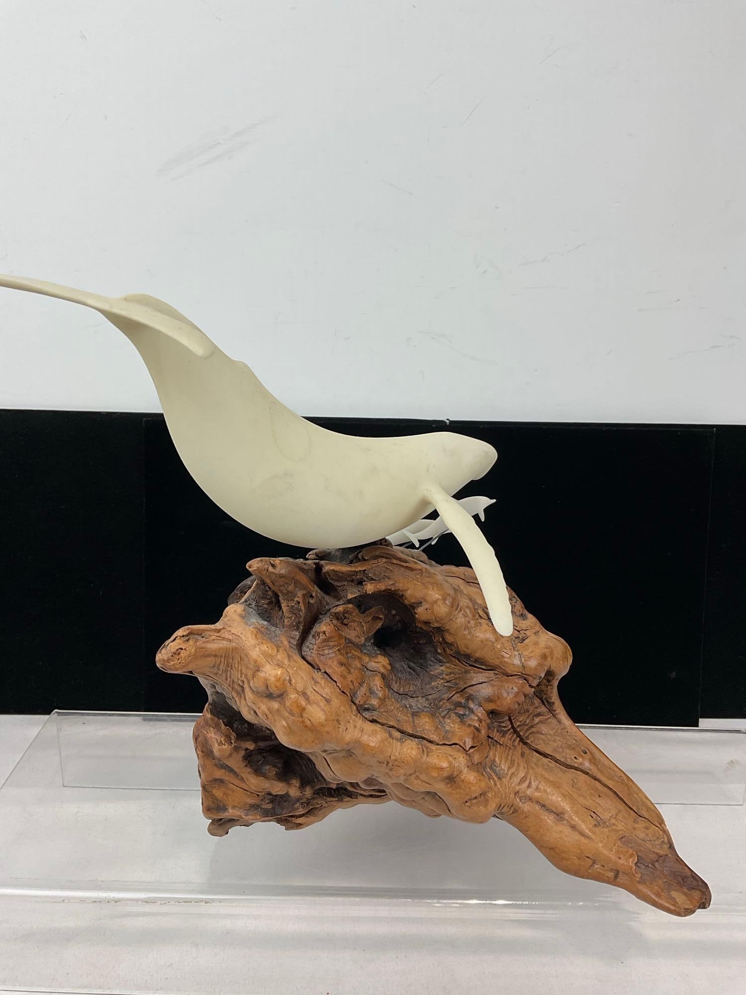 Carved Pellucida Resin Whale & Pair of Dolphins Sculpture on Burlwood Stand, by John Perry, 11x12... - 5