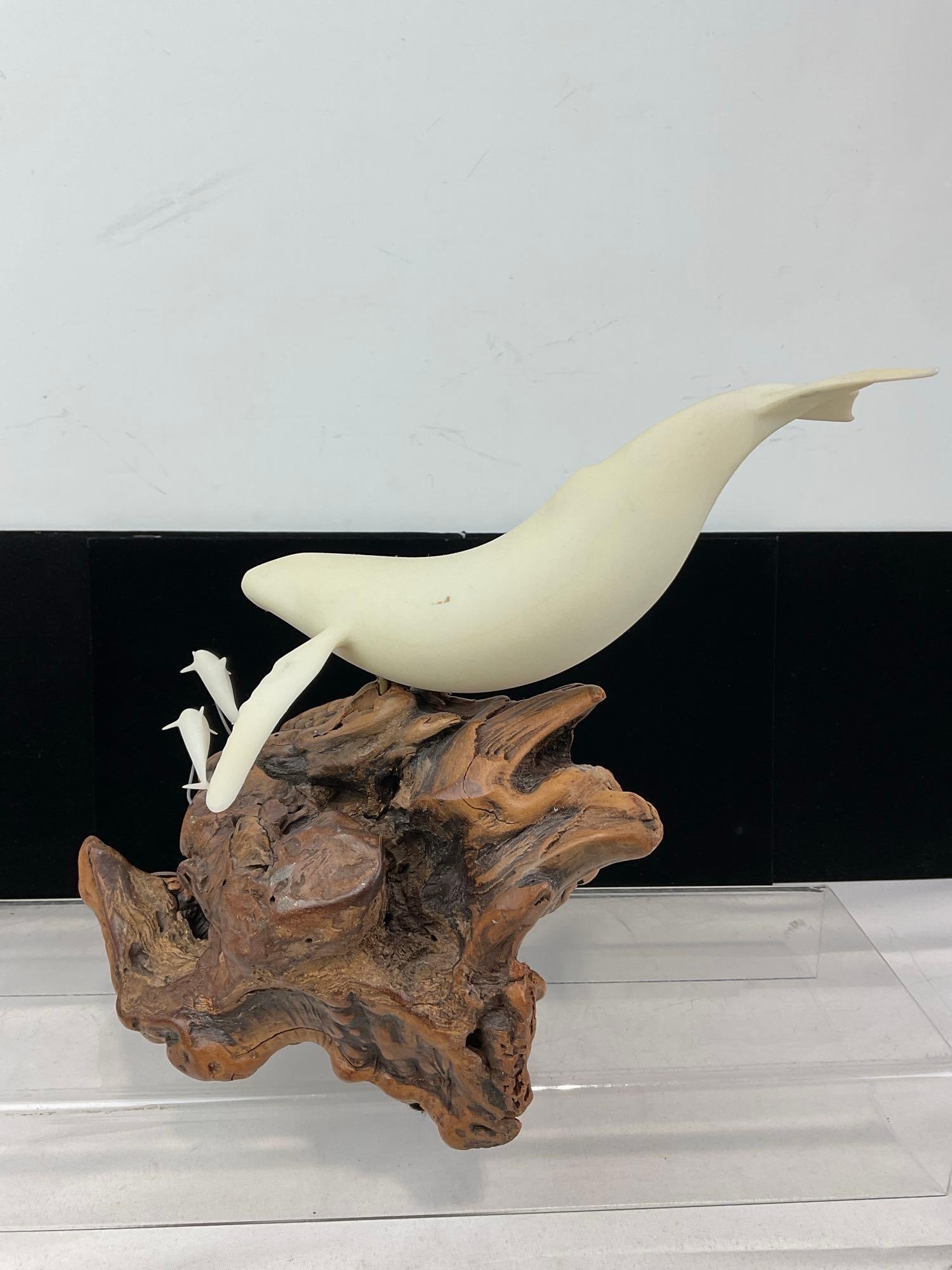 Carved Pellucida Resin Whale & Pair of Dolphins Sculpture on Burlwood Stand, by John Perry, 11x12... - 6