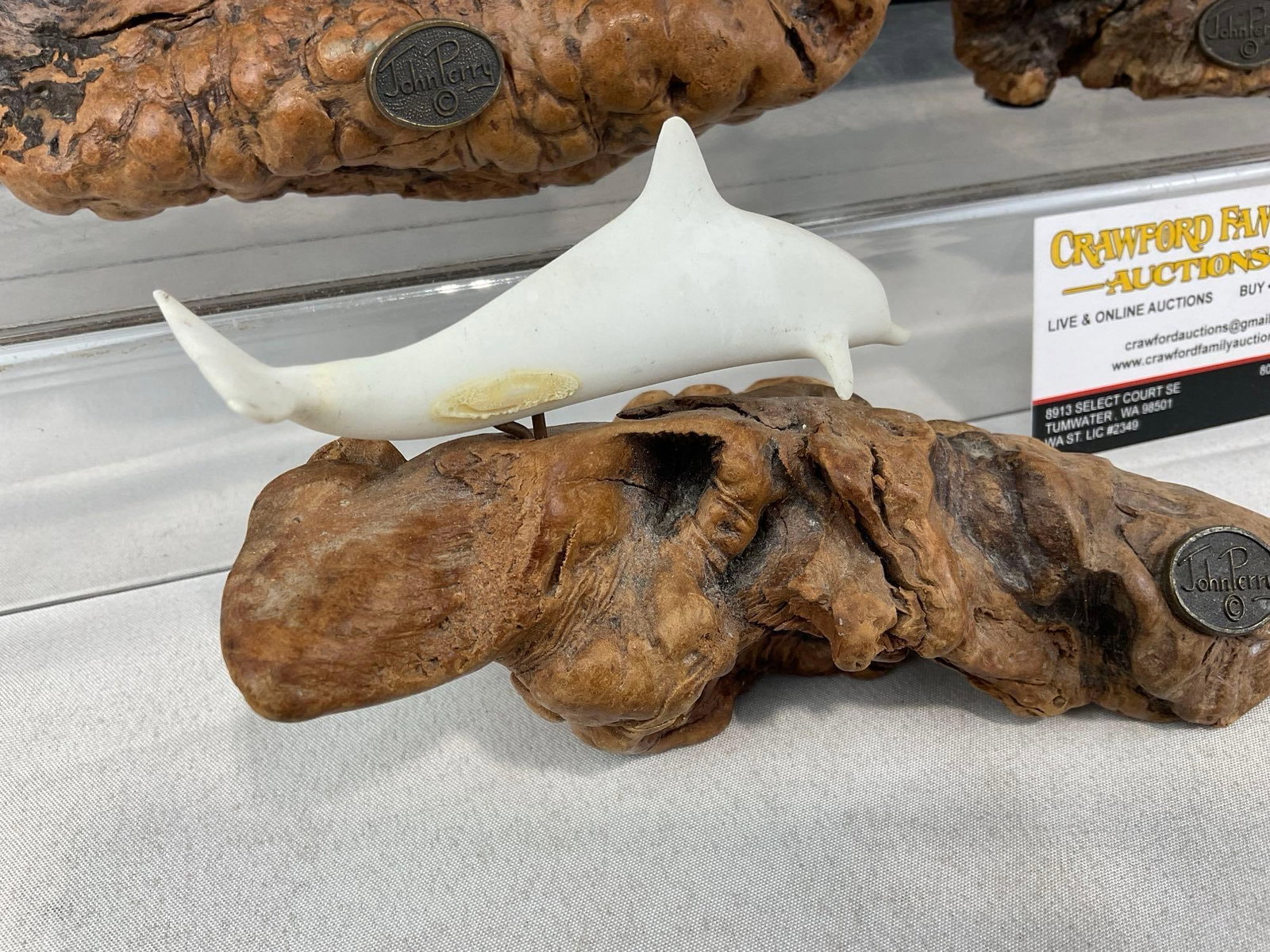 3 Carved Pellucida Whale & Dolphin Sculptures on Burlwood Stands, by John Perry, 7x14x9 inches - 2