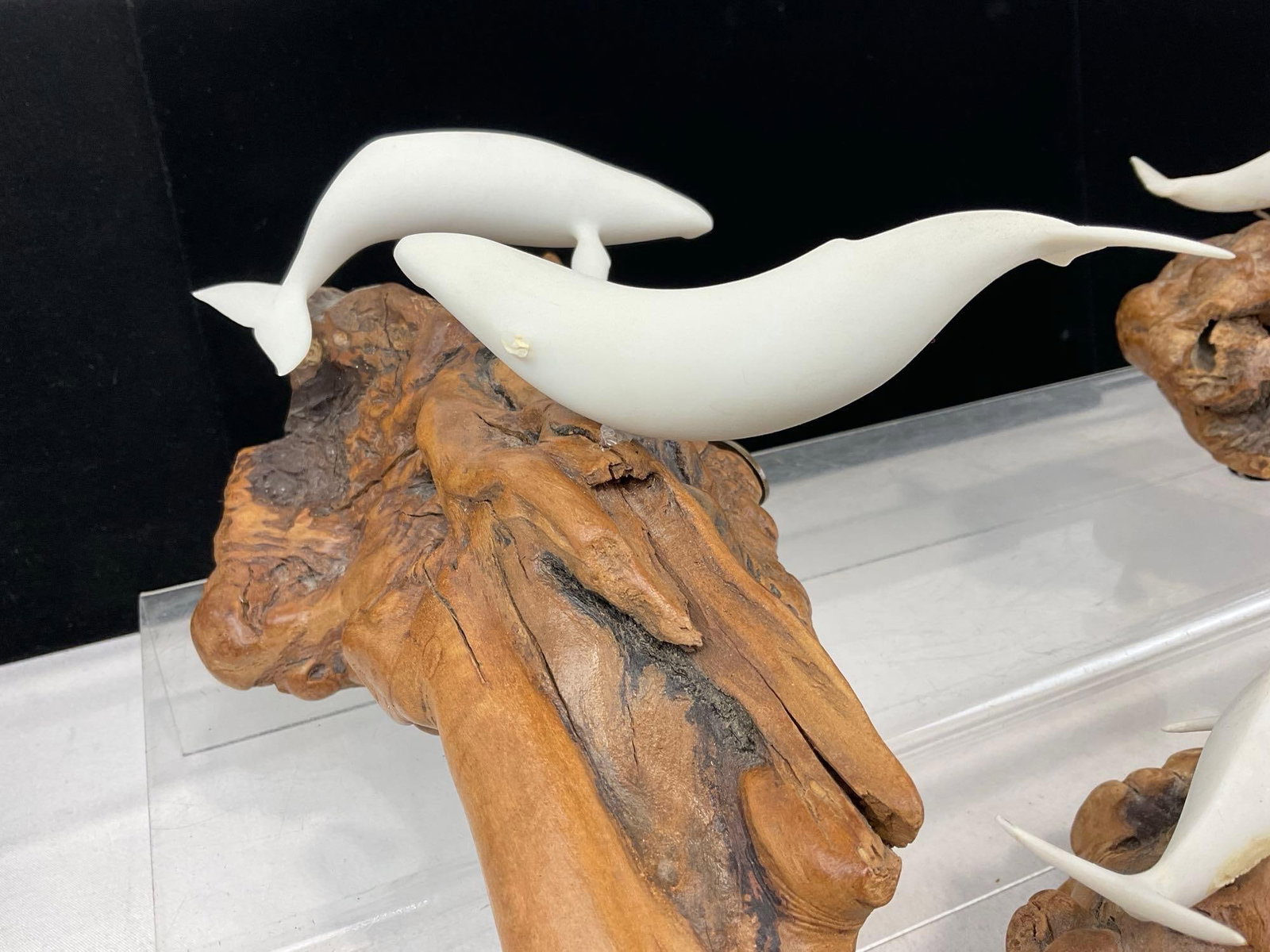 3 Carved Pellucida Whale & Dolphin Sculptures on Burlwood Stands, by John Perry, 7x14x9 inches - 3