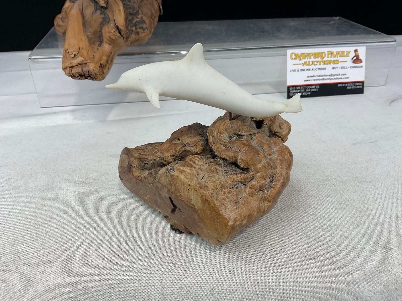 3 Carved Pellucida Whale & Dolphin Sculptures on Burlwood Stands, by John Perry, 7x14x9 inches - 5