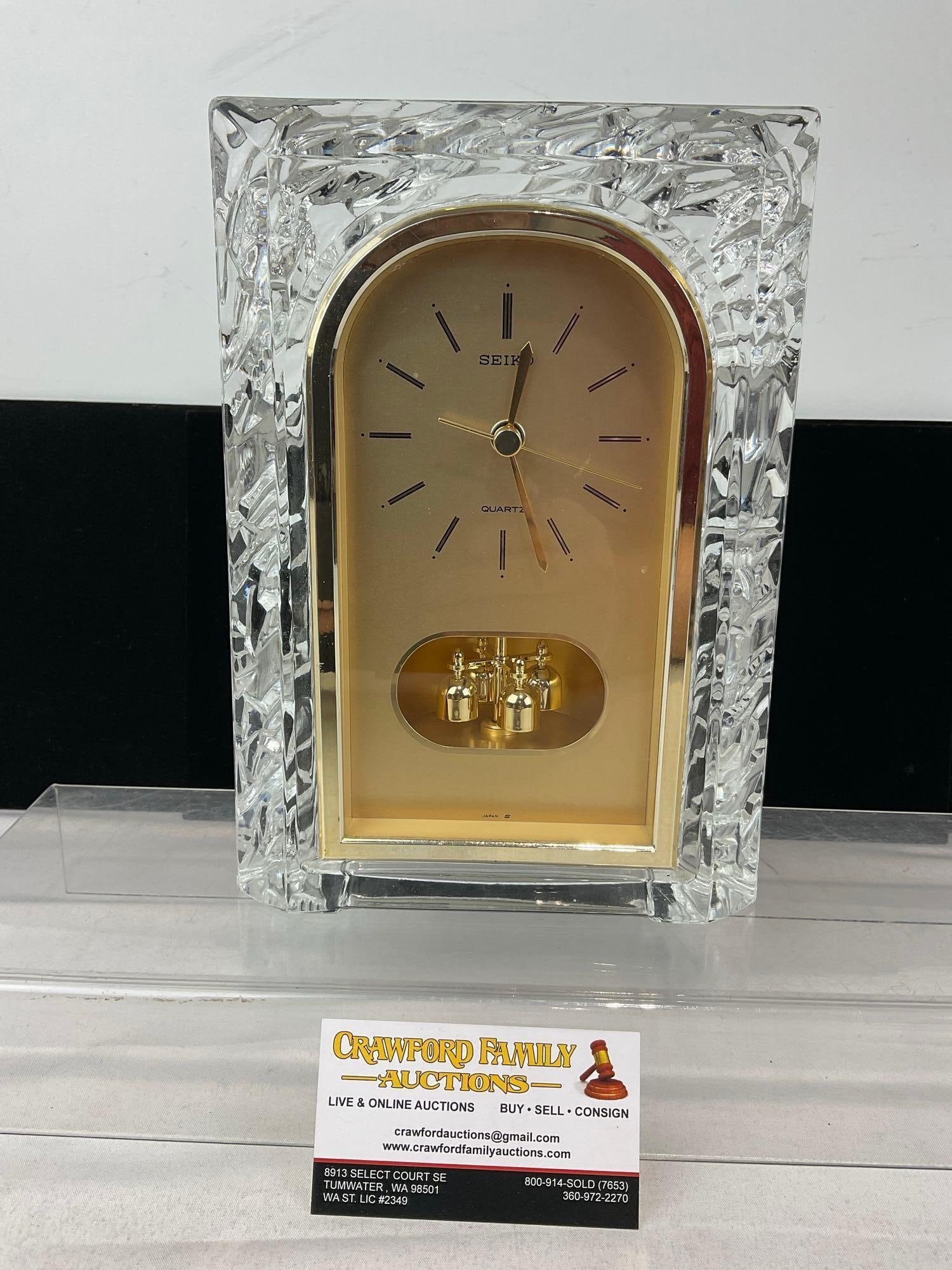 Lovely Seiko Mantel Clock, Large Chunk of Crystal w/Brass Details, battery op, 10x8x4 inches: Appears to be in good shape. The piece measures approx 10h x 8w x 4d inches. See pics. E-6080
